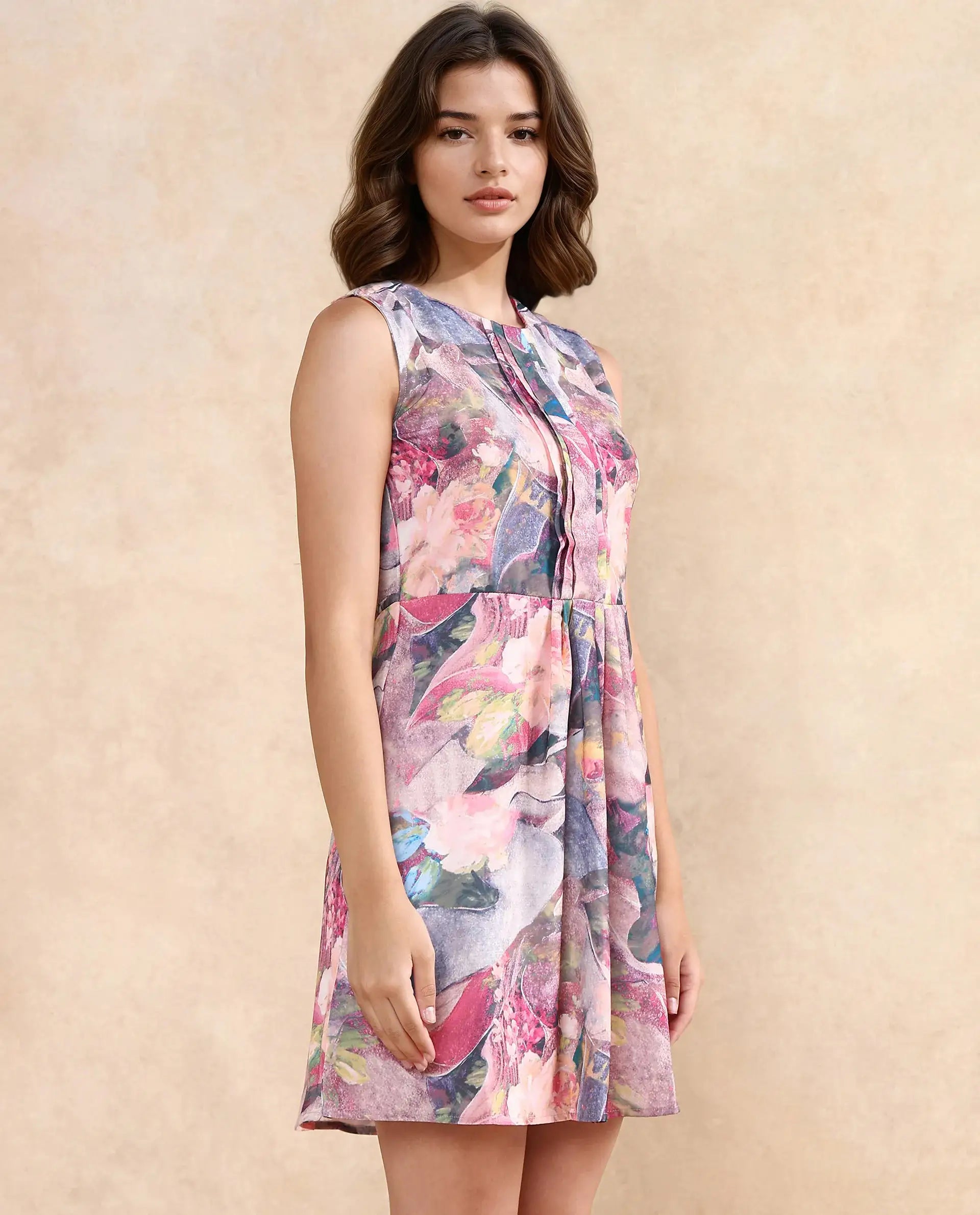 Rareism Women's Rouxi Multi Polyester Blend Fabric Crew Neck Button Closure Sleeveless Abstract Fit And Flare Mini Dress