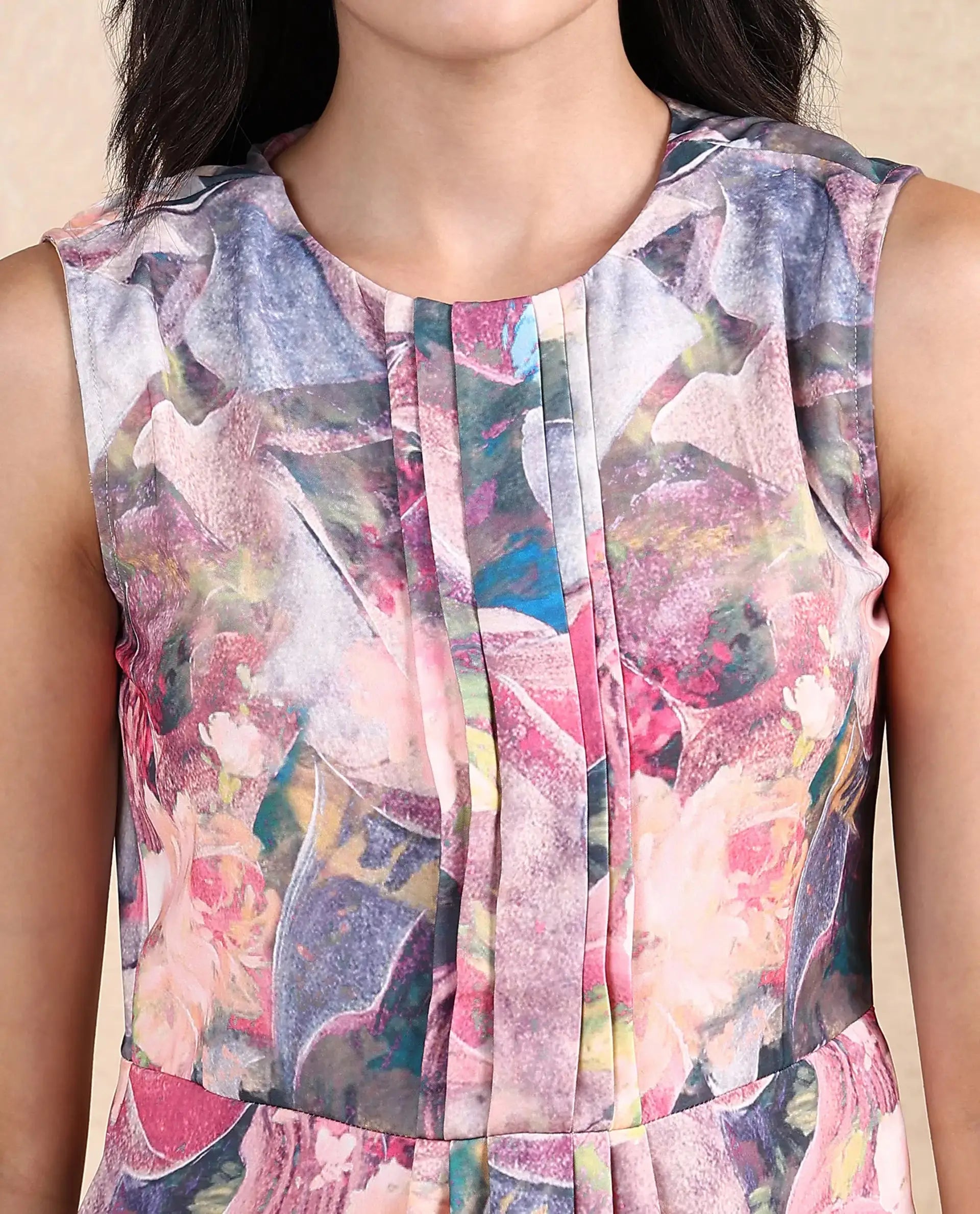 Rareism Women's Rouxi Multi Polyester Blend Fabric Crew Neck Button Closure Sleeveless Abstract Fit And Flare Mini Dress