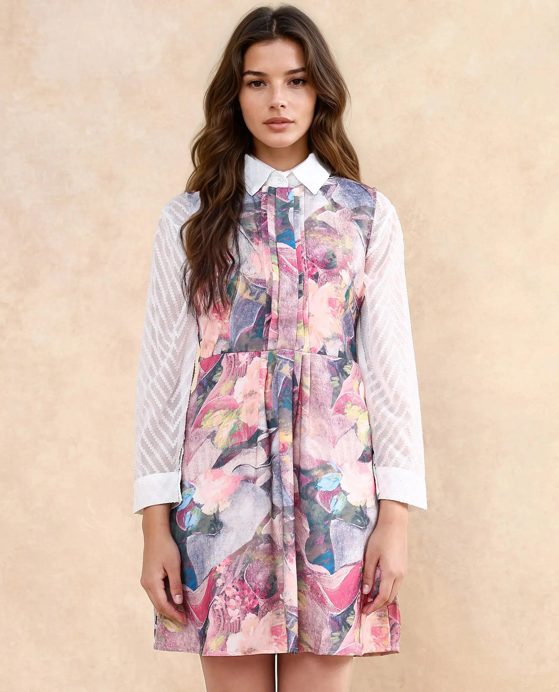 Rareism Women's Rouxi Multi Polyester Blend Fabric Crew Neck Button Closure Sleeveless Abstract Fit And Flare Mini Dress