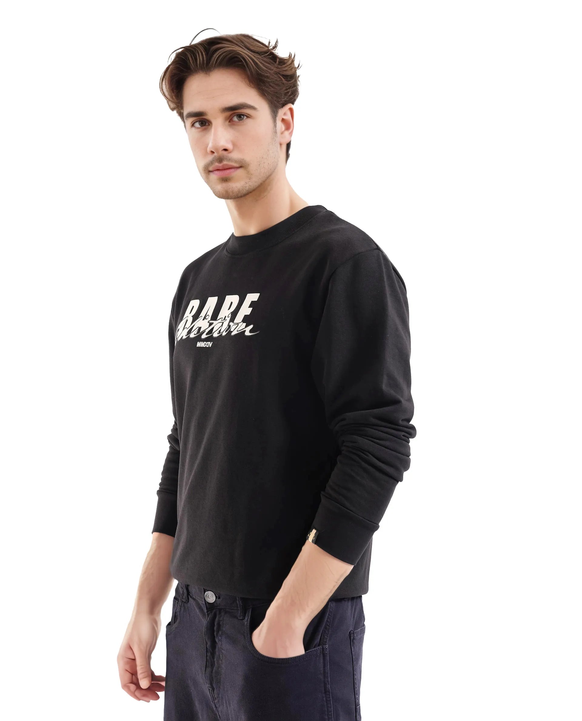 Rare Rabbit Men's Roven Black Cotton Blend Fabric Full Sleeve Crew Neck Puff Printed Sweatshirt