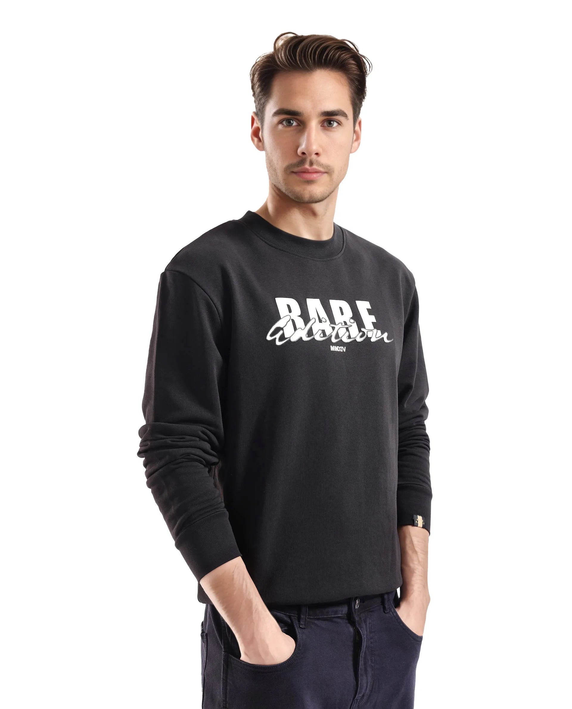 Rare Rabbit Men's Roven Black Cotton Blend Fabric Full Sleeve Crew Neck Puff Printed Sweatshirt