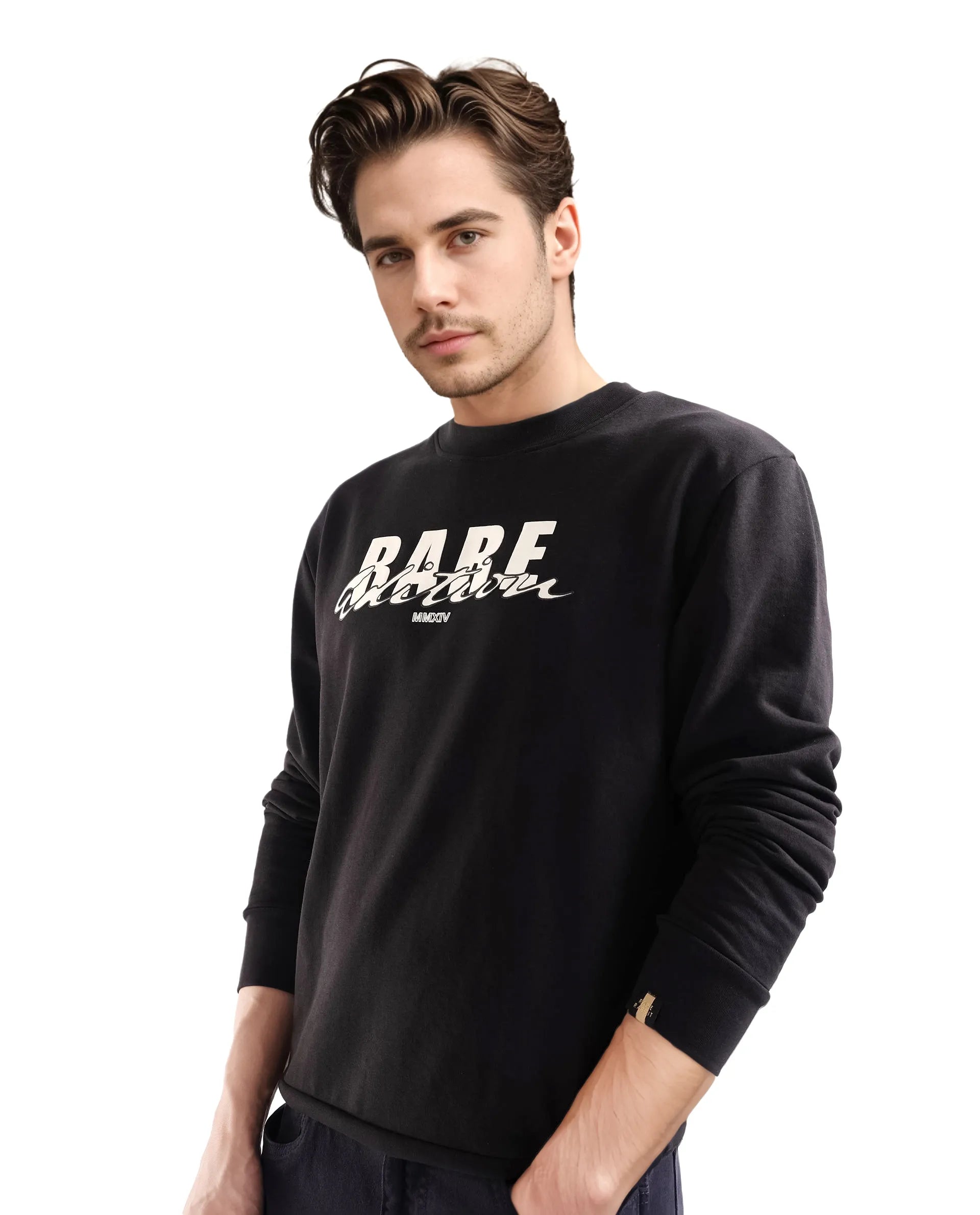 Rare Rabbit Men's Roven Black Cotton Blend Fabric Full Sleeve Crew Neck Puff Printed Sweatshirt