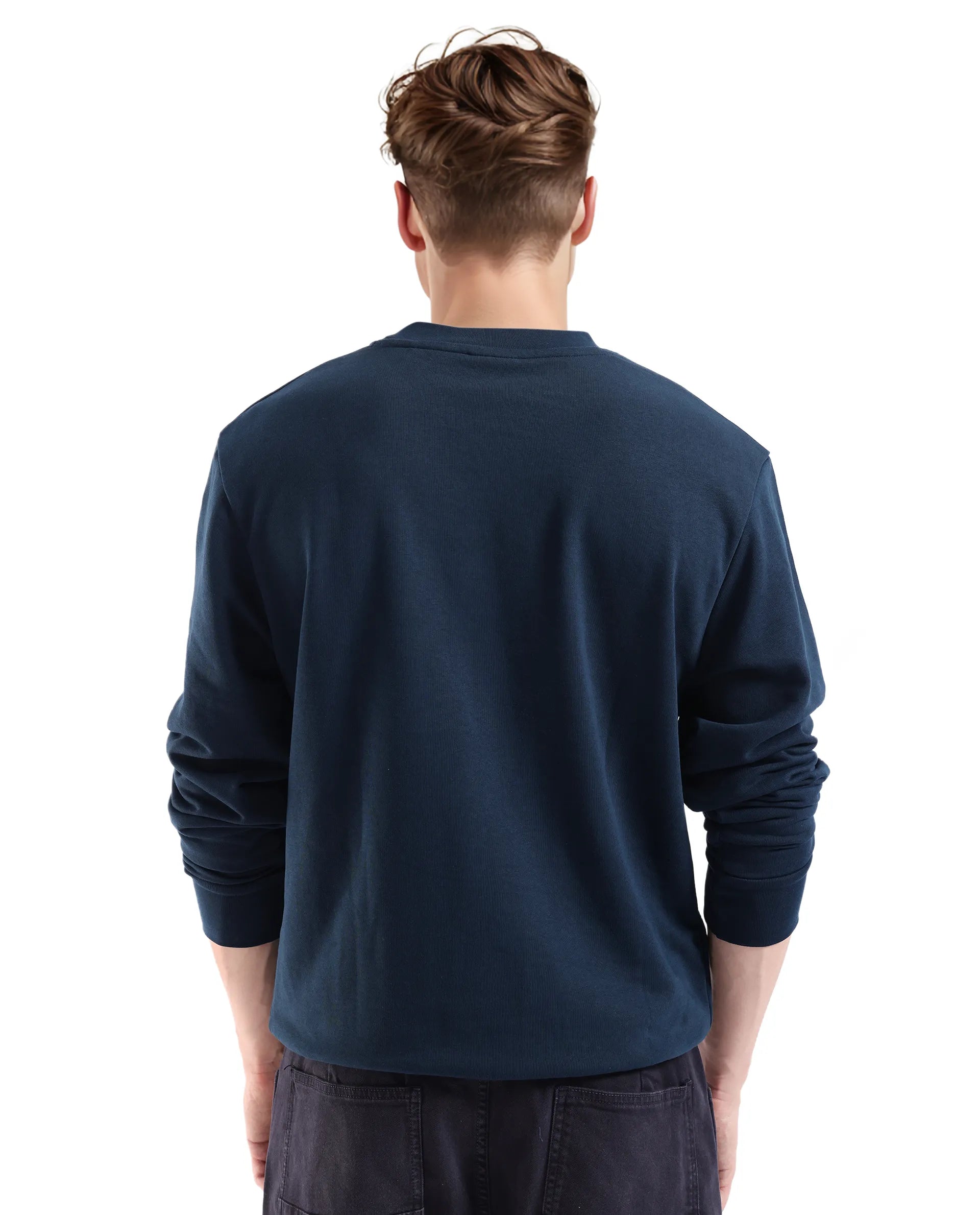 Rare Rabbit Men's Roven Dark Petrol Cotton Blend Fabric Full Sleeve Crew Neck Puff Printed Sweatshirt