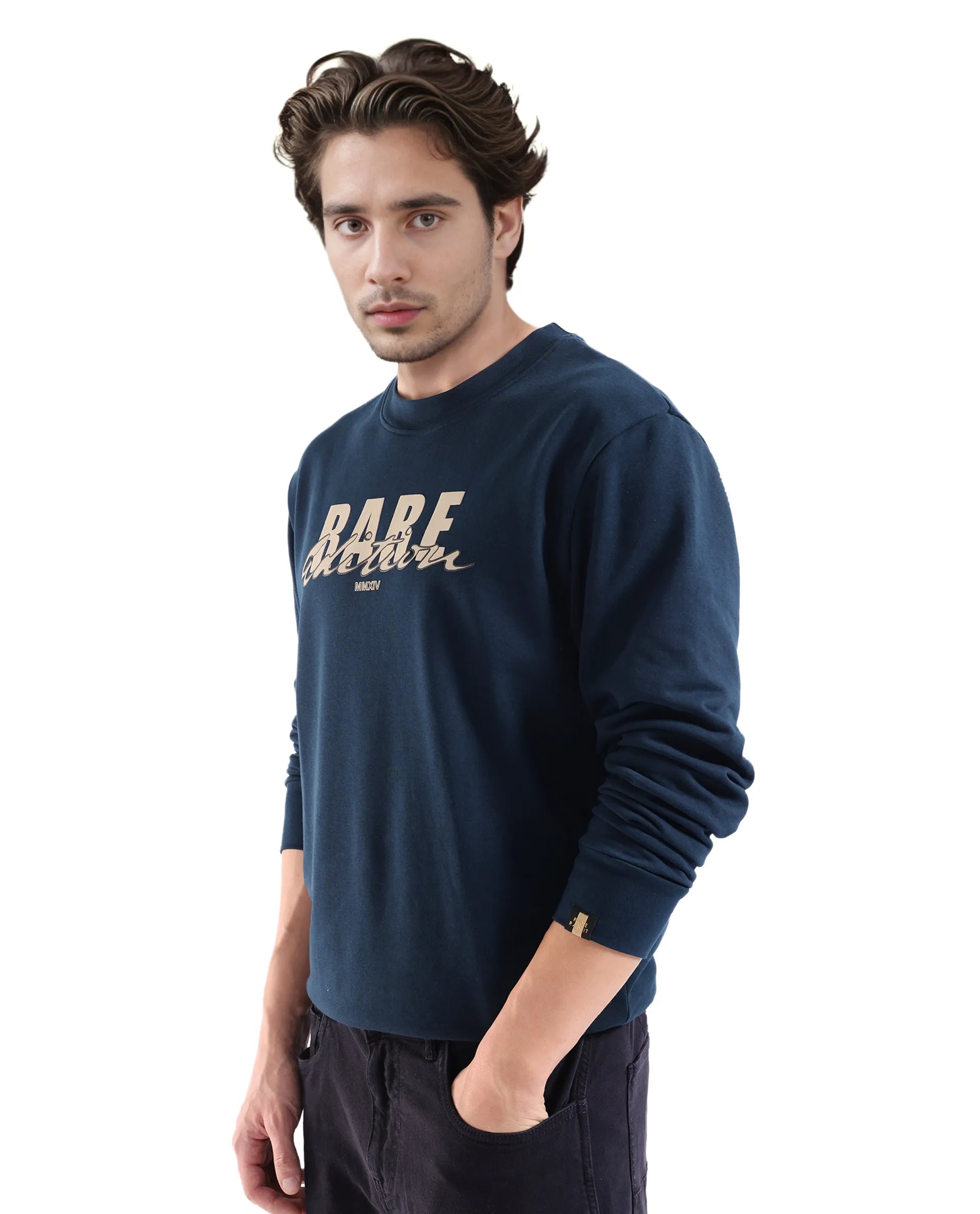 Rare Rabbit Men's Roven Dark Petrol Cotton Blend Fabric Full Sleeve Crew Neck Puff Printed Sweatshirt