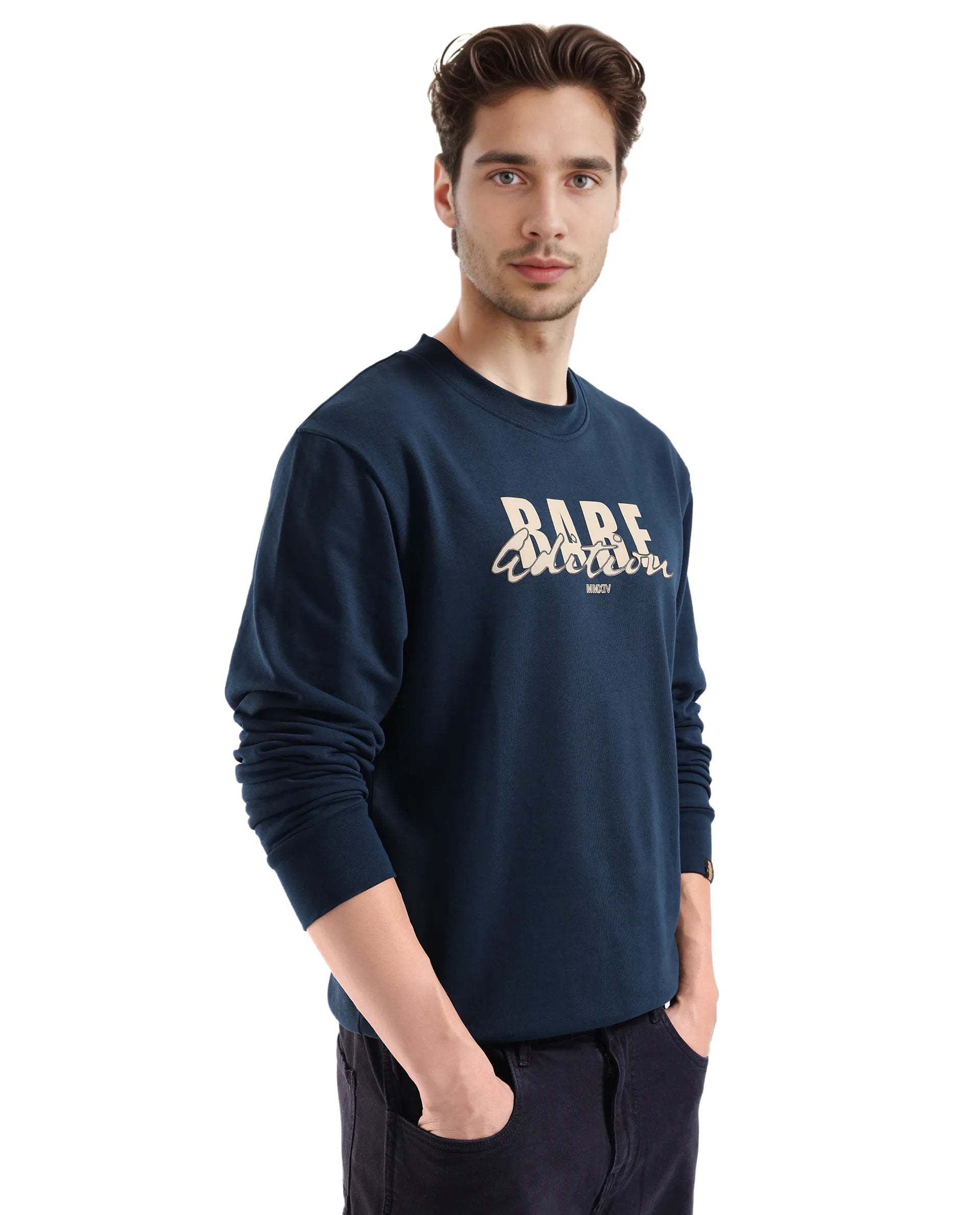 Rare Rabbit Men's Roven Dark Petrol Cotton Blend Fabric Full Sleeve Crew Neck Puff Printed Sweatshirt