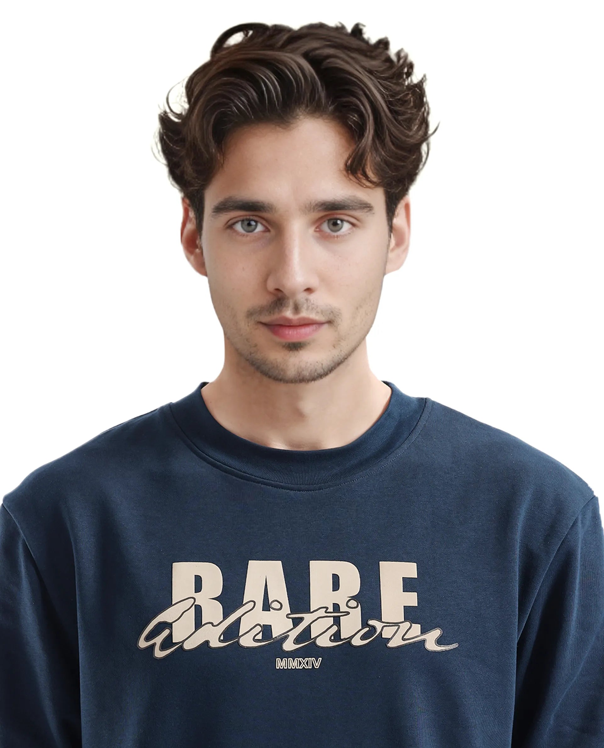 Rare Rabbit Men's Roven Dark Petrol Cotton Blend Fabric Full Sleeve Crew Neck Puff Printed Sweatshirt