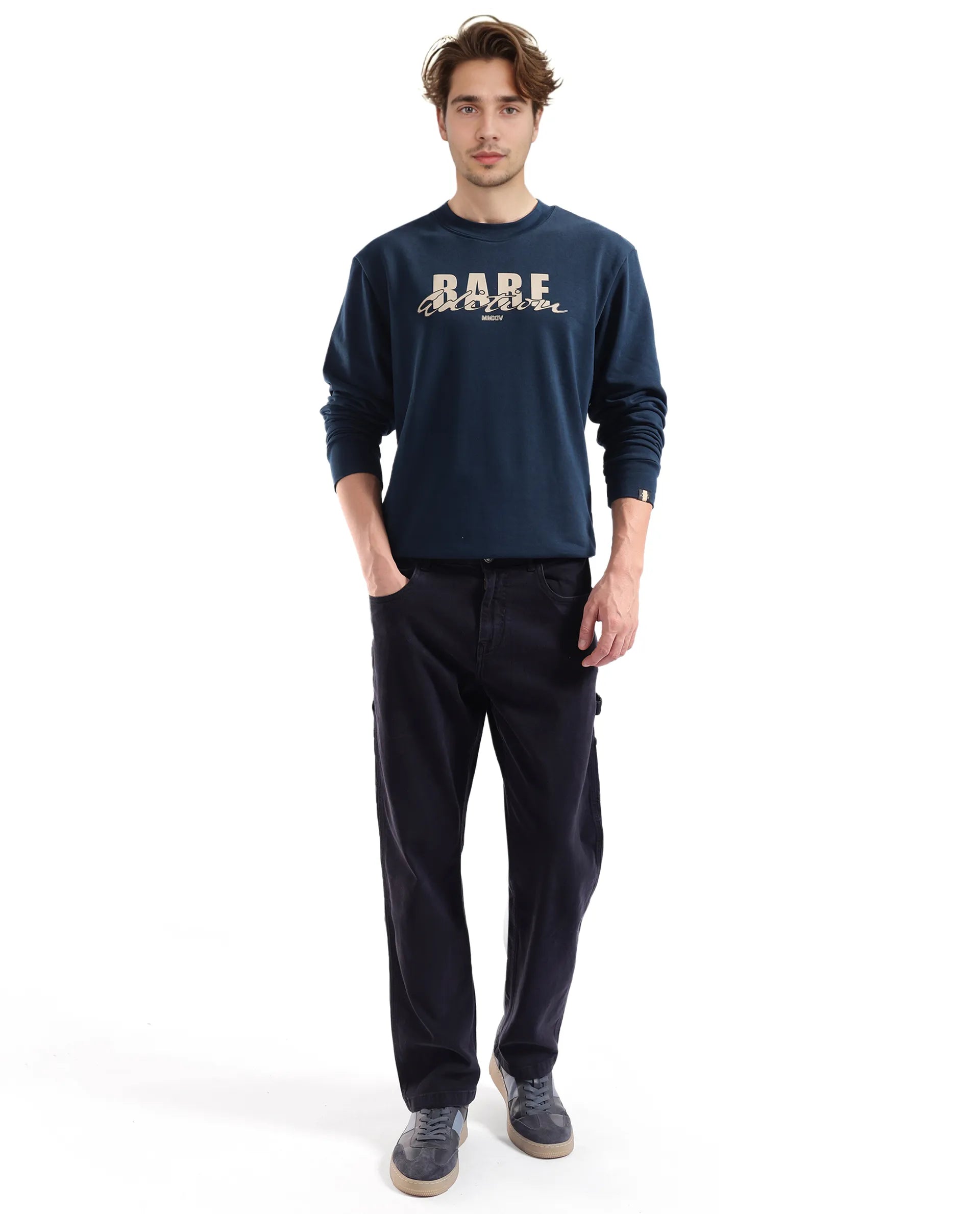 Rare Rabbit Men's Roven Dark Petrol Cotton Blend Fabric Full Sleeve Crew Neck Puff Printed Sweatshirt