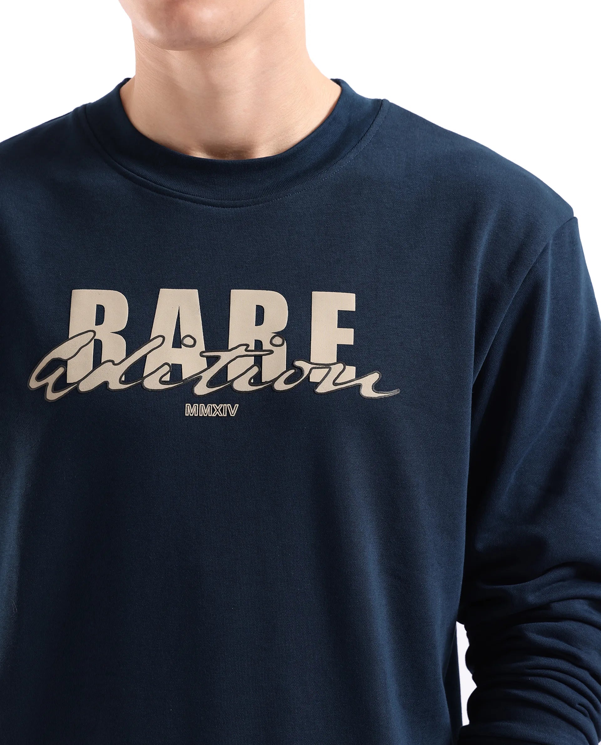 Rare Rabbit Men's Roven Dark Petrol Cotton Blend Fabric Full Sleeve Crew Neck Puff Printed Sweatshirt