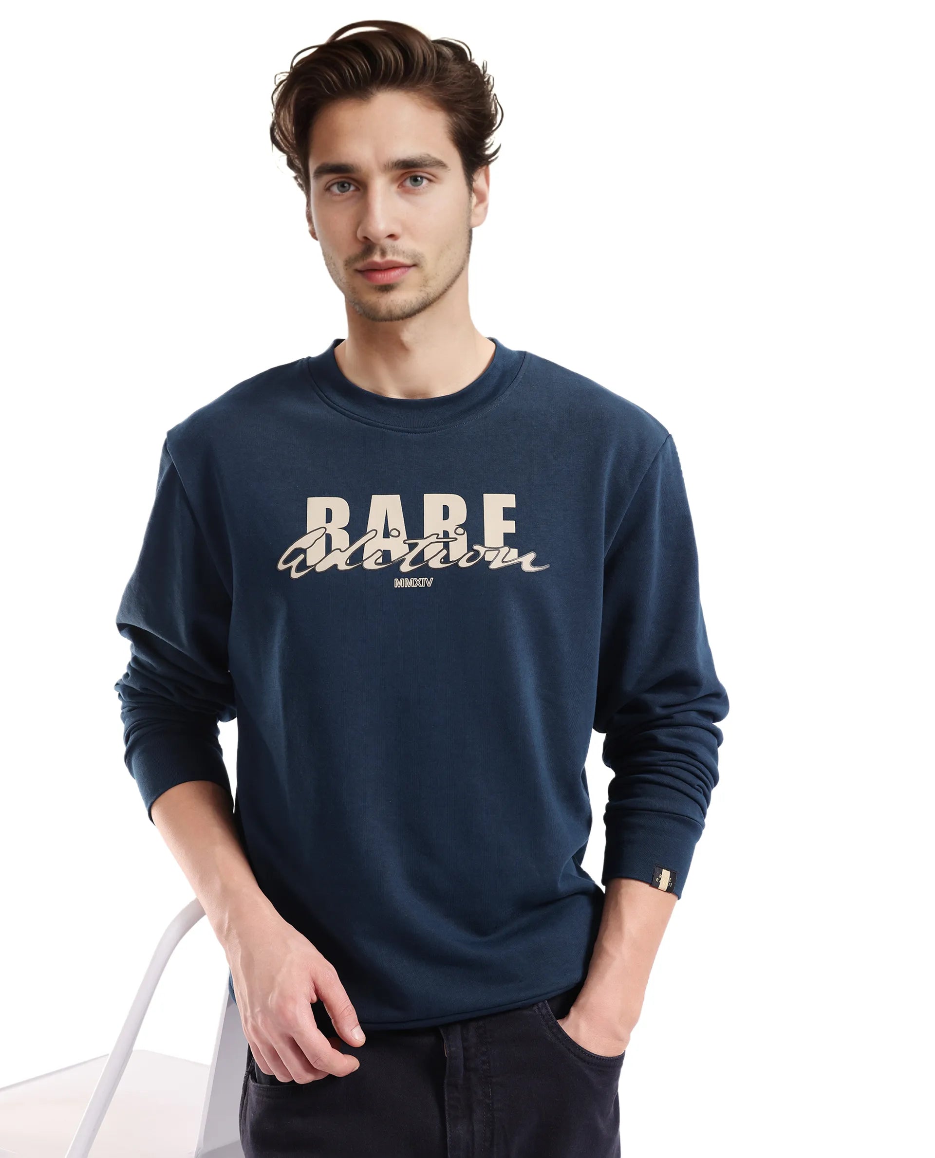 Rare Rabbit Men's Roven Dark Petrol Cotton Blend Fabric Full Sleeve Crew Neck Puff Printed Sweatshirt