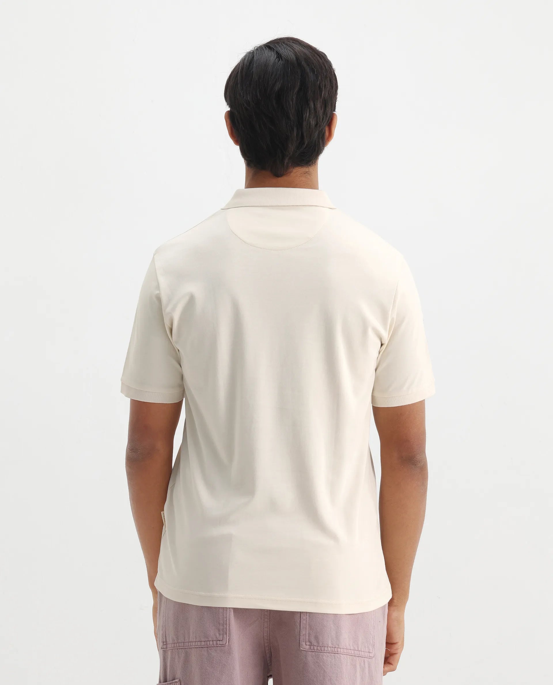 Rare Rabbit Men's Row-1 Off White Cotton Plain Regular Fit Half Sleeve Polo