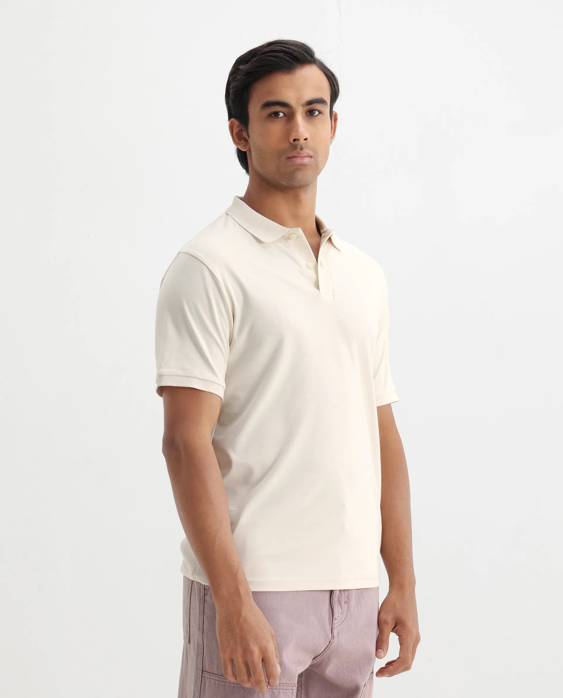 Rare Rabbit Men's Row-1 Off White Cotton Plain Regular Fit Half Sleeve Polo