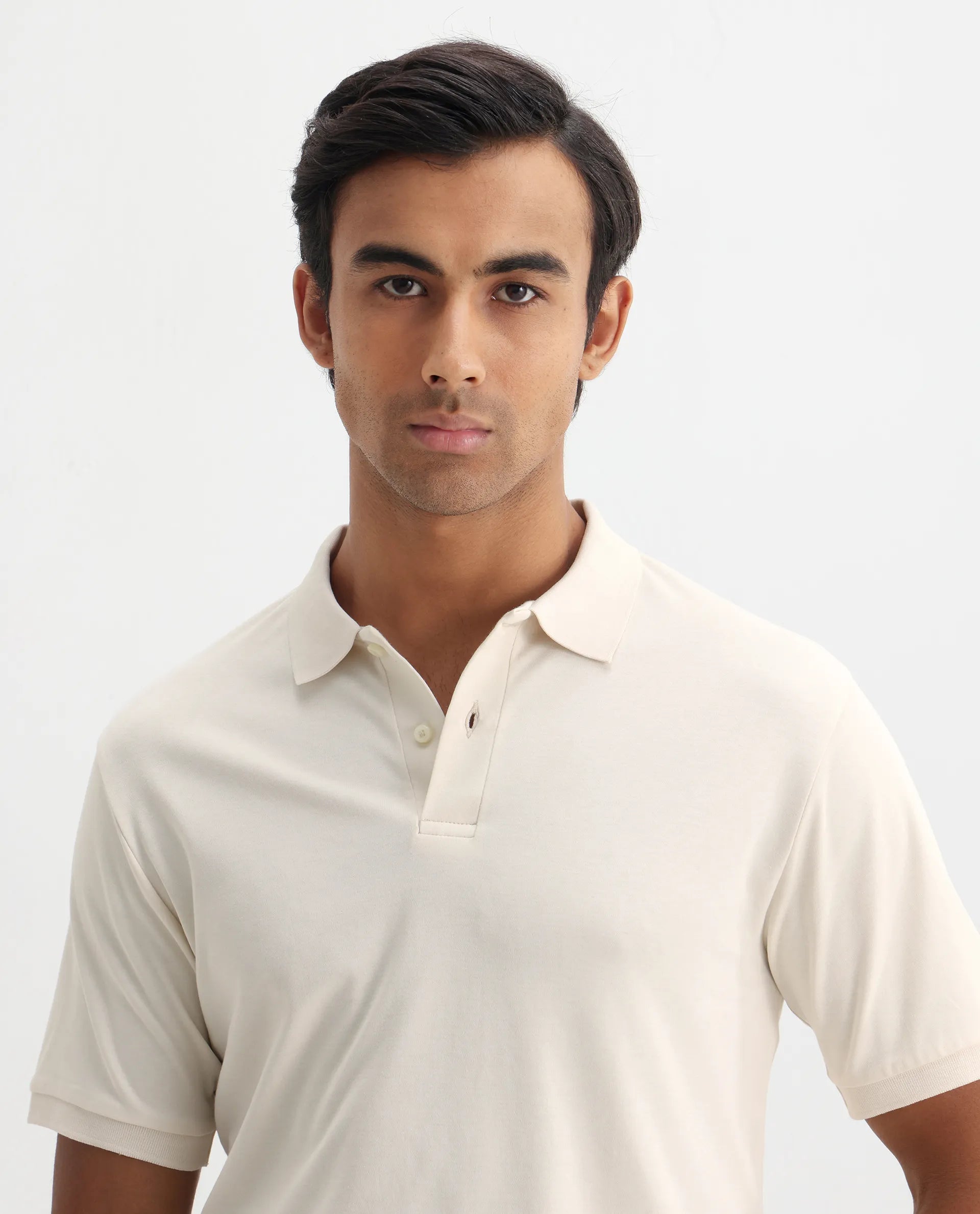 Rare Rabbit Men's Row-1 Off White Cotton Plain Regular Fit Half Sleeve Polo