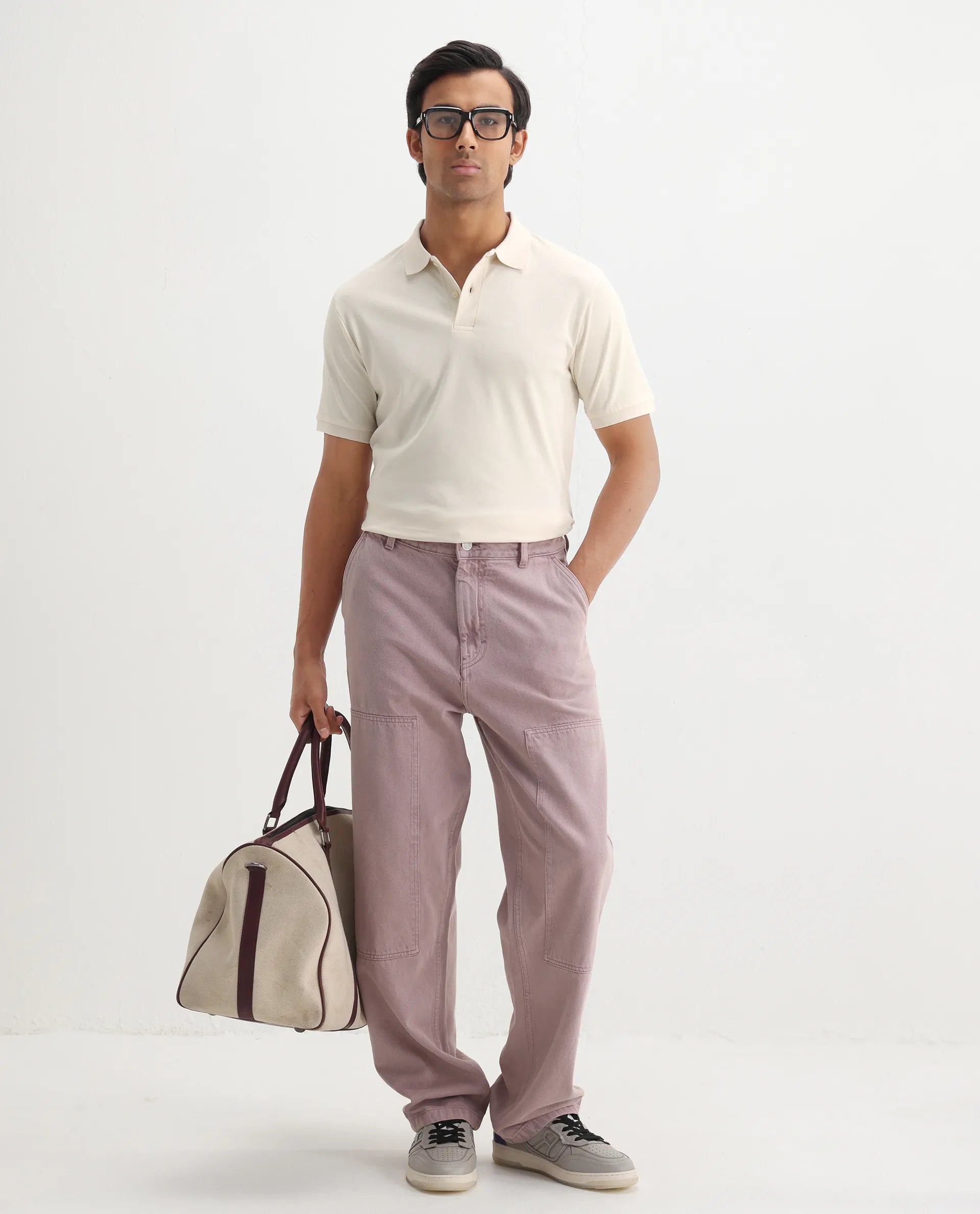 Rare Rabbit Men's Row-1 Off White Cotton Plain Regular Fit Half Sleeve Polo