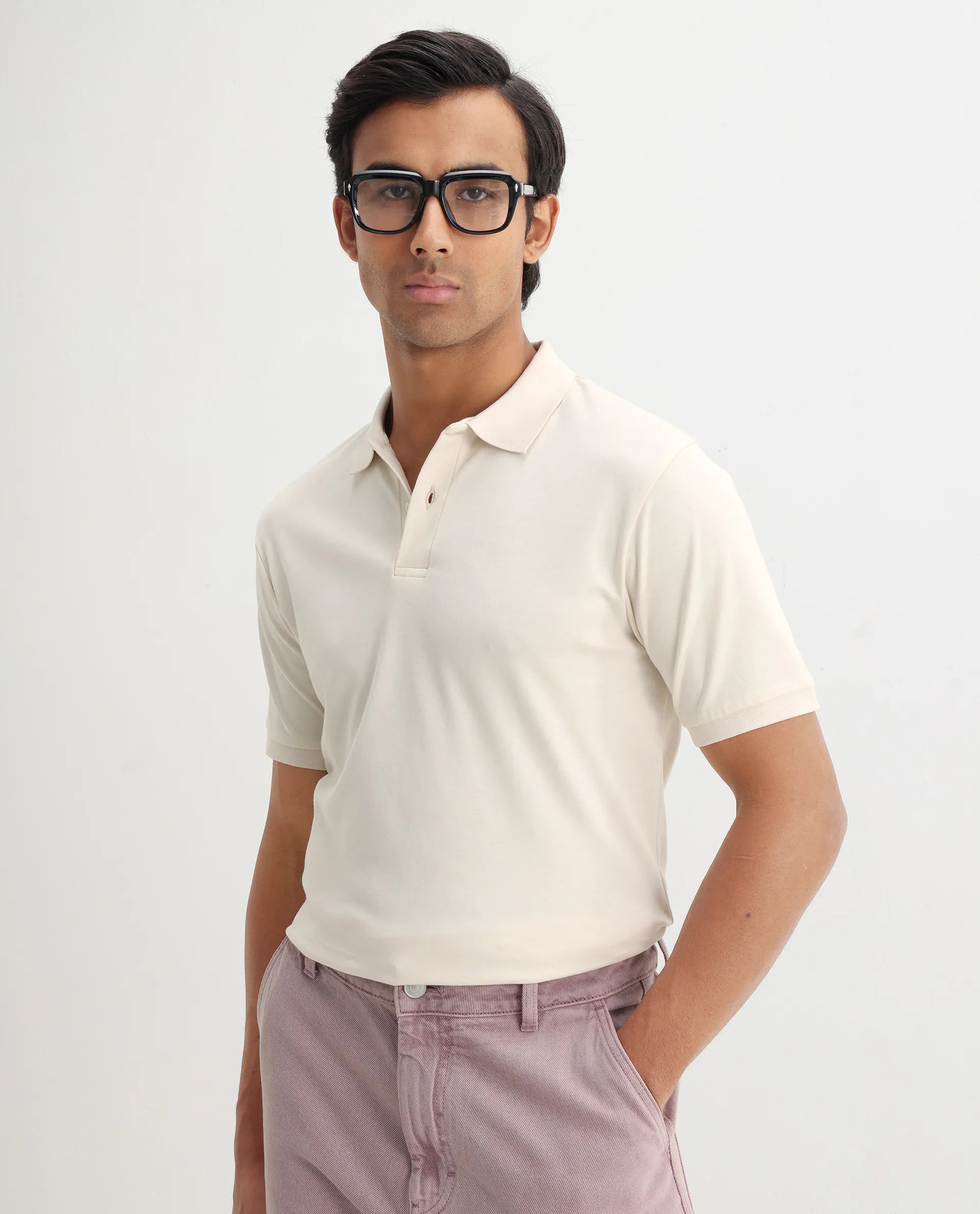 Rare Rabbit Men's Row-1 Off White Cotton Plain Regular Fit Half Sleeve Polo