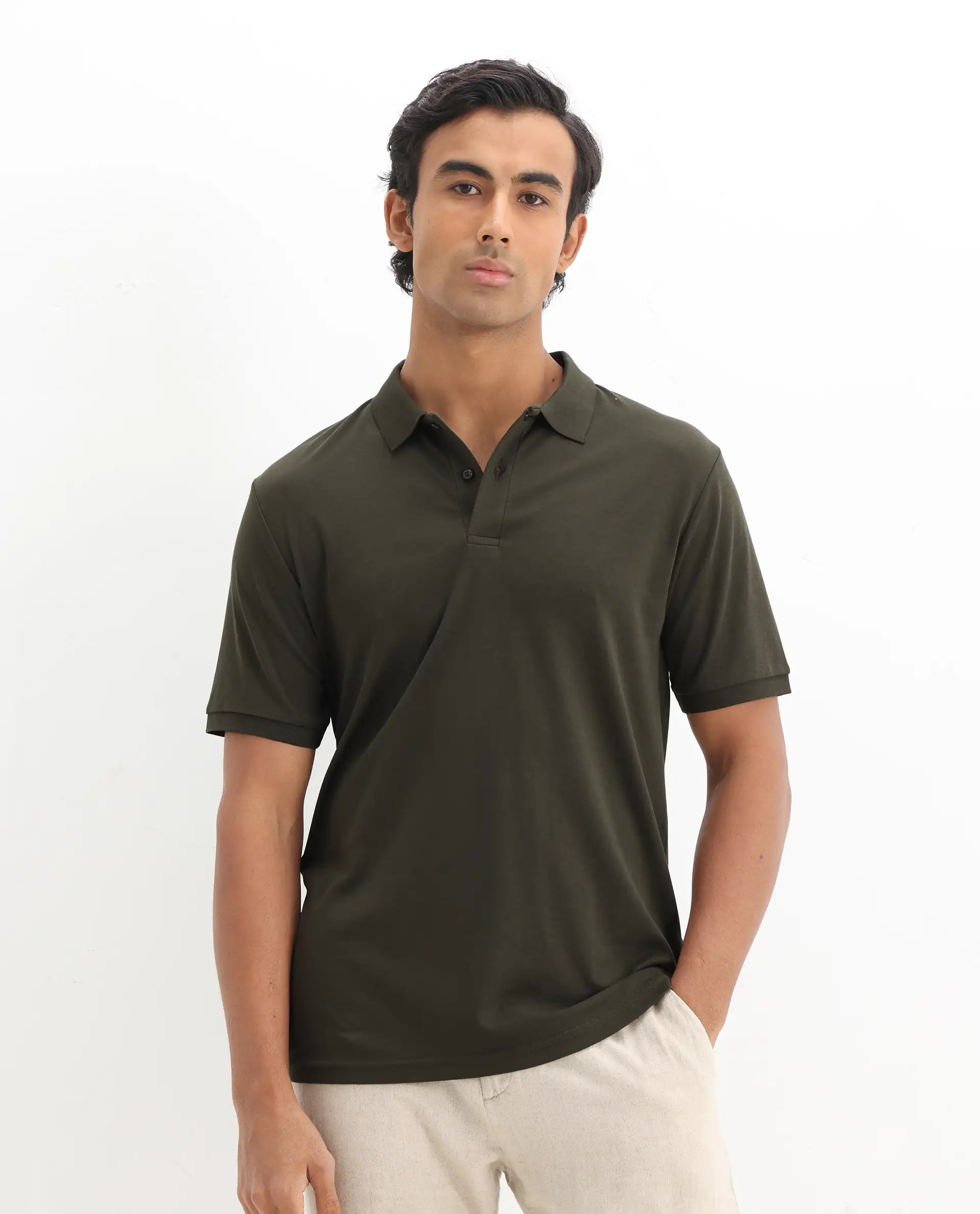 Rare Rabbit Men's Row-1 Olive Cotton Plain Regular Fit Half Sleeve Polo
