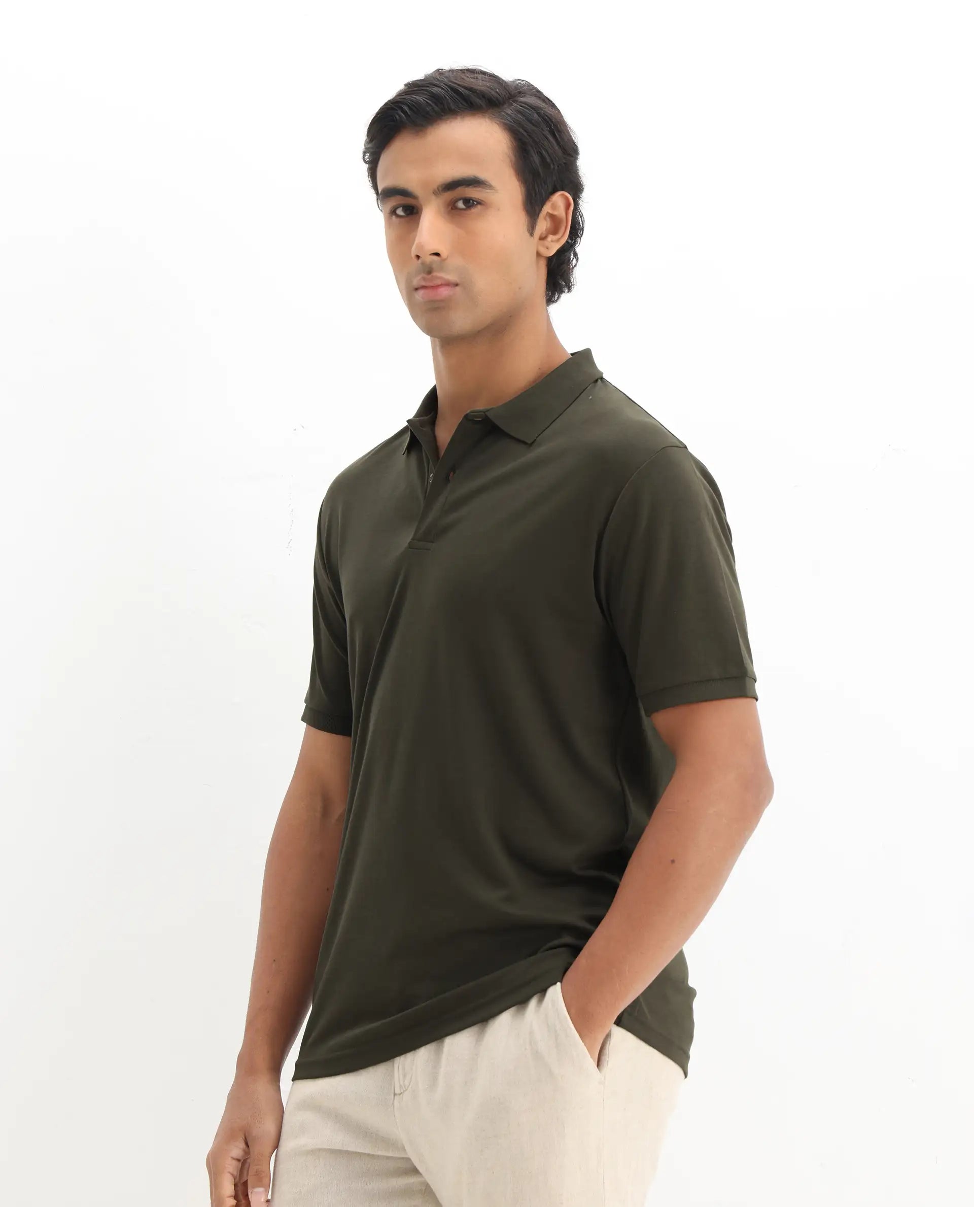 Rare Rabbit Men's Row-1 Olive Cotton Plain Regular Fit Half Sleeve Polo