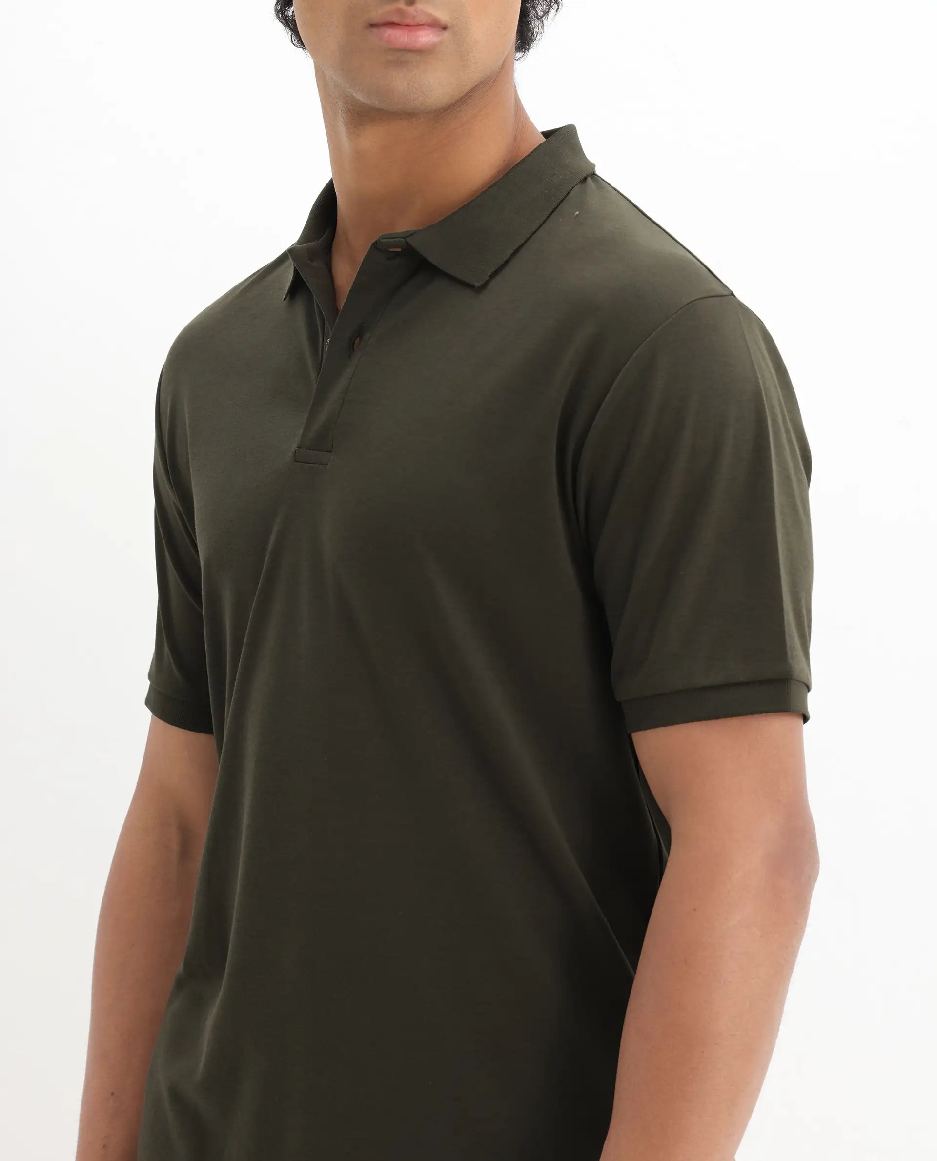 Rare Rabbit Men's Row-1 Olive Cotton Plain Regular Fit Half Sleeve Polo