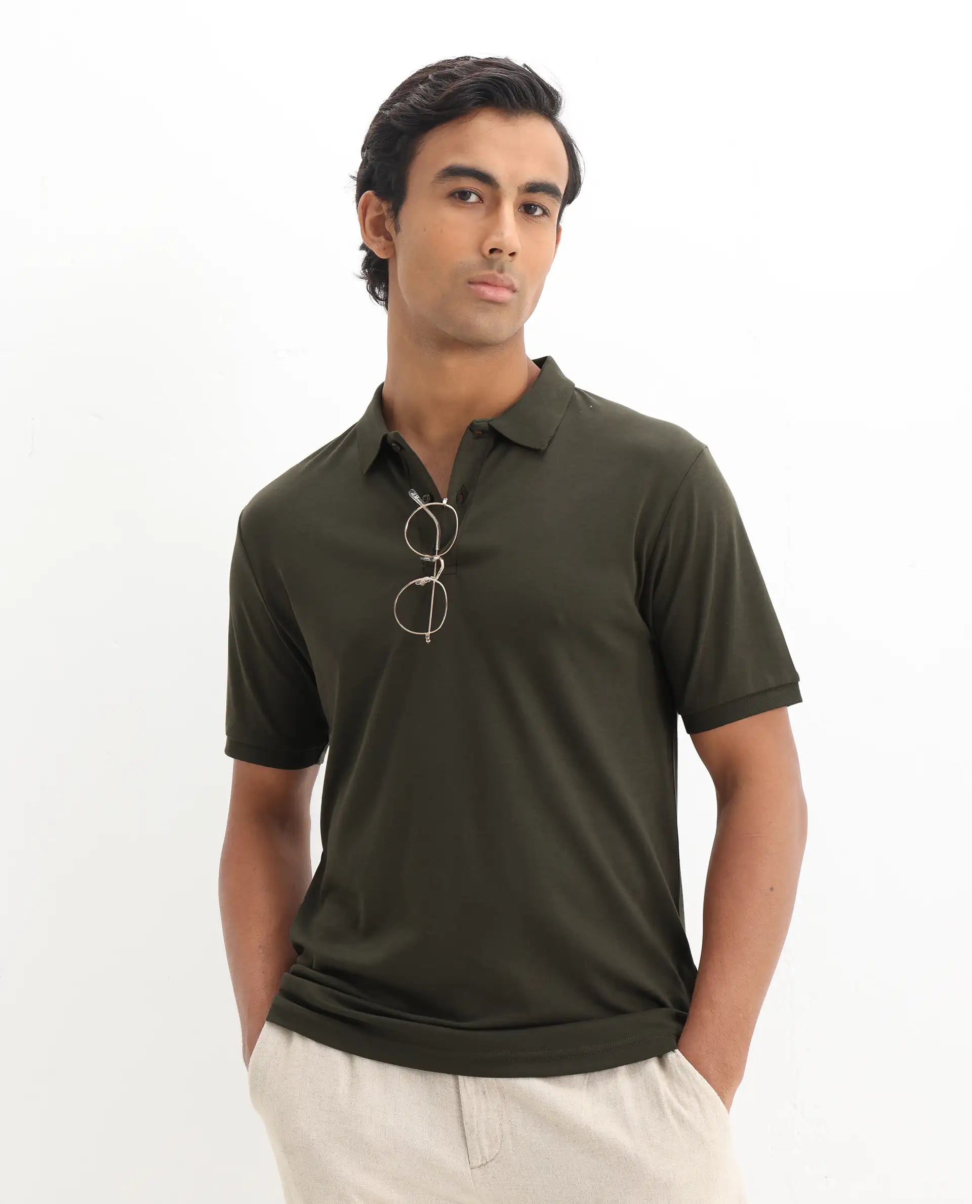 Rare Rabbit Men's Row-1 Olive Cotton Plain Regular Fit Half Sleeve Polo
