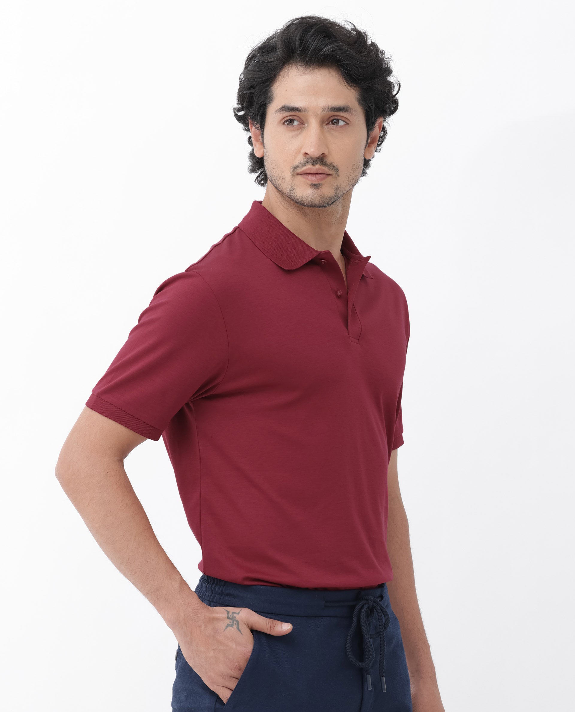 Rare Rabbit Mens Row Red Short Sleeve Regular Fit Solid Polo T-Shirt