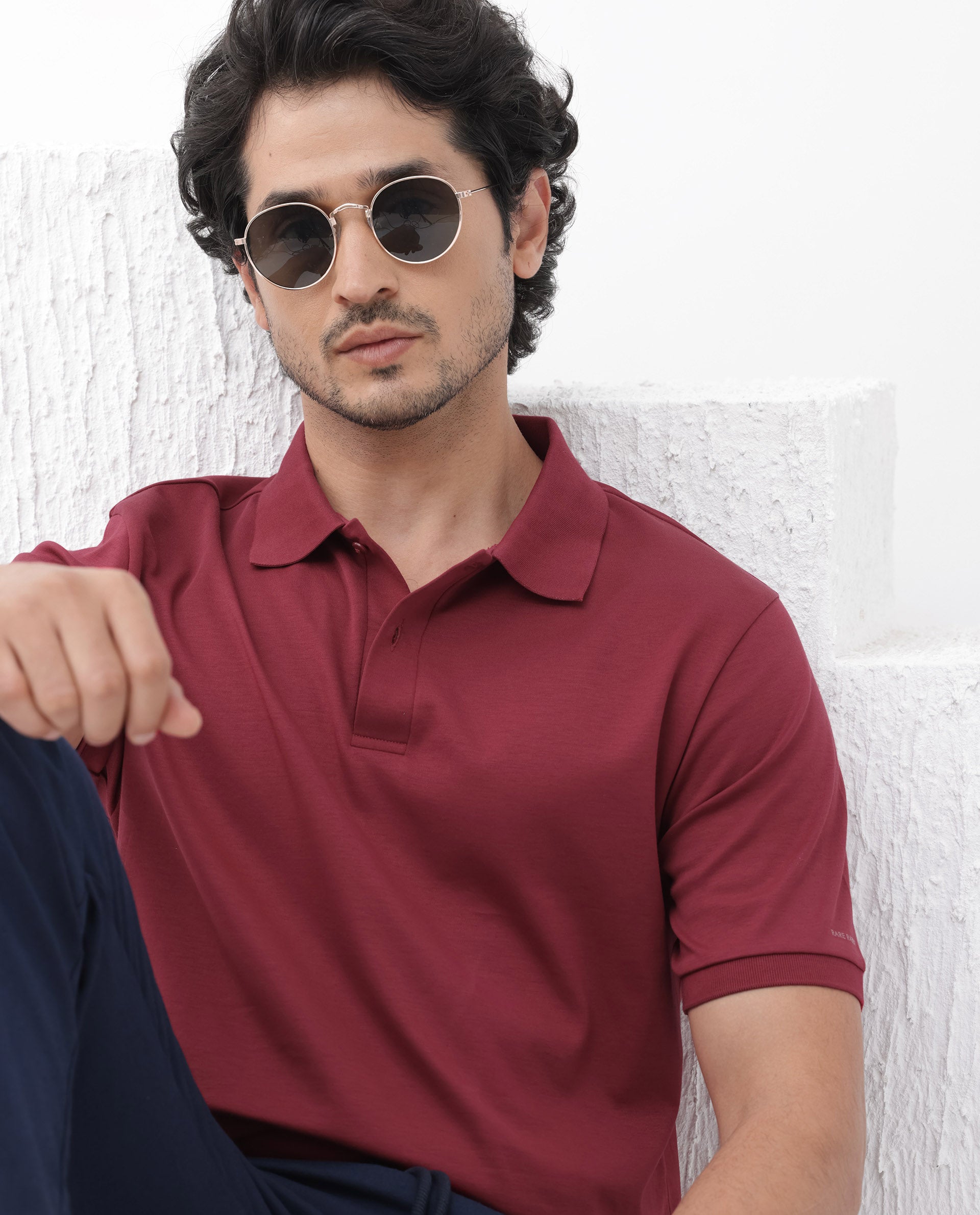 Rare Rabbit Mens Row Red Short Sleeve Regular Fit Solid Polo T-Shirt