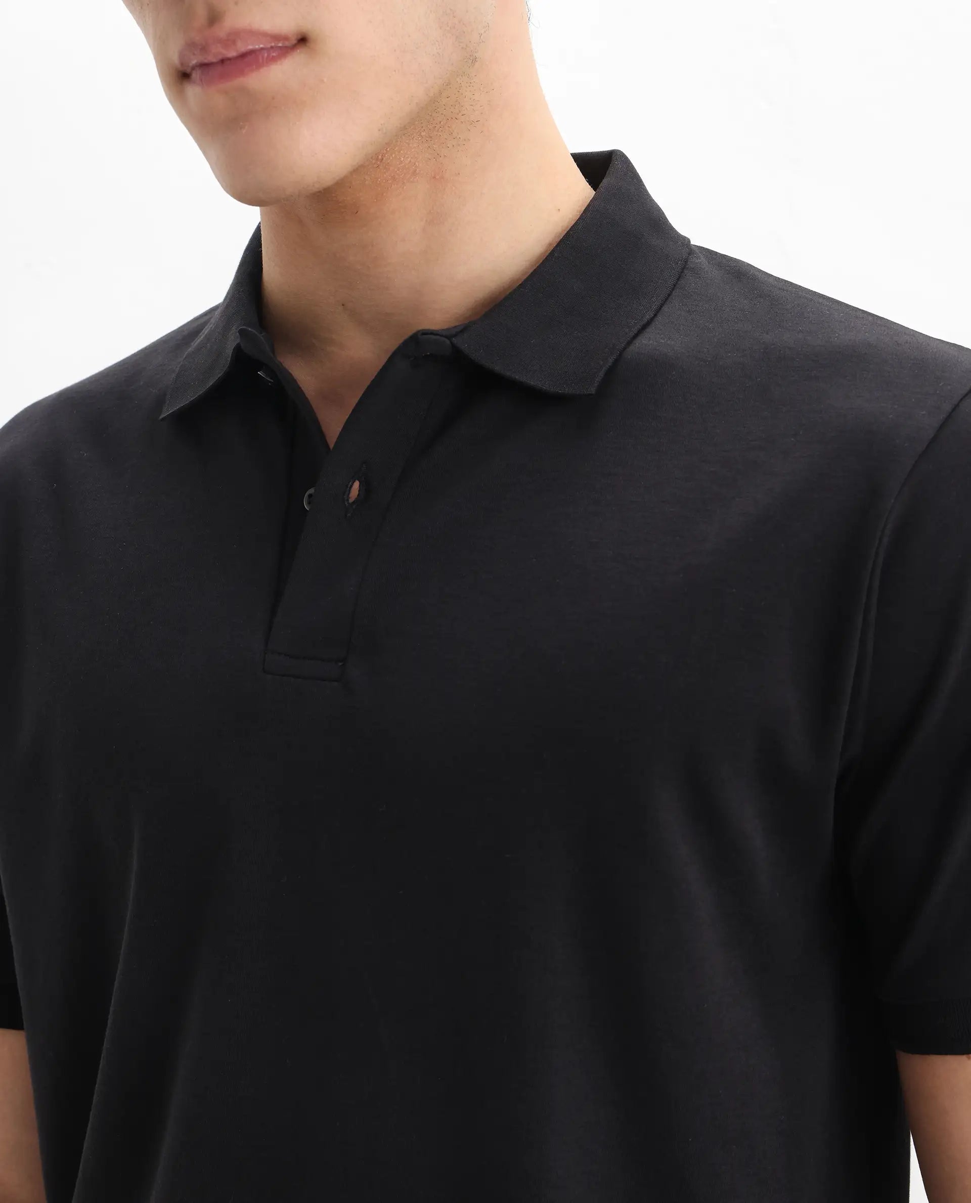 Rare Rabbit Men's Row-1 Black Cotton Plain Regular Fit Half Sleeve Polo