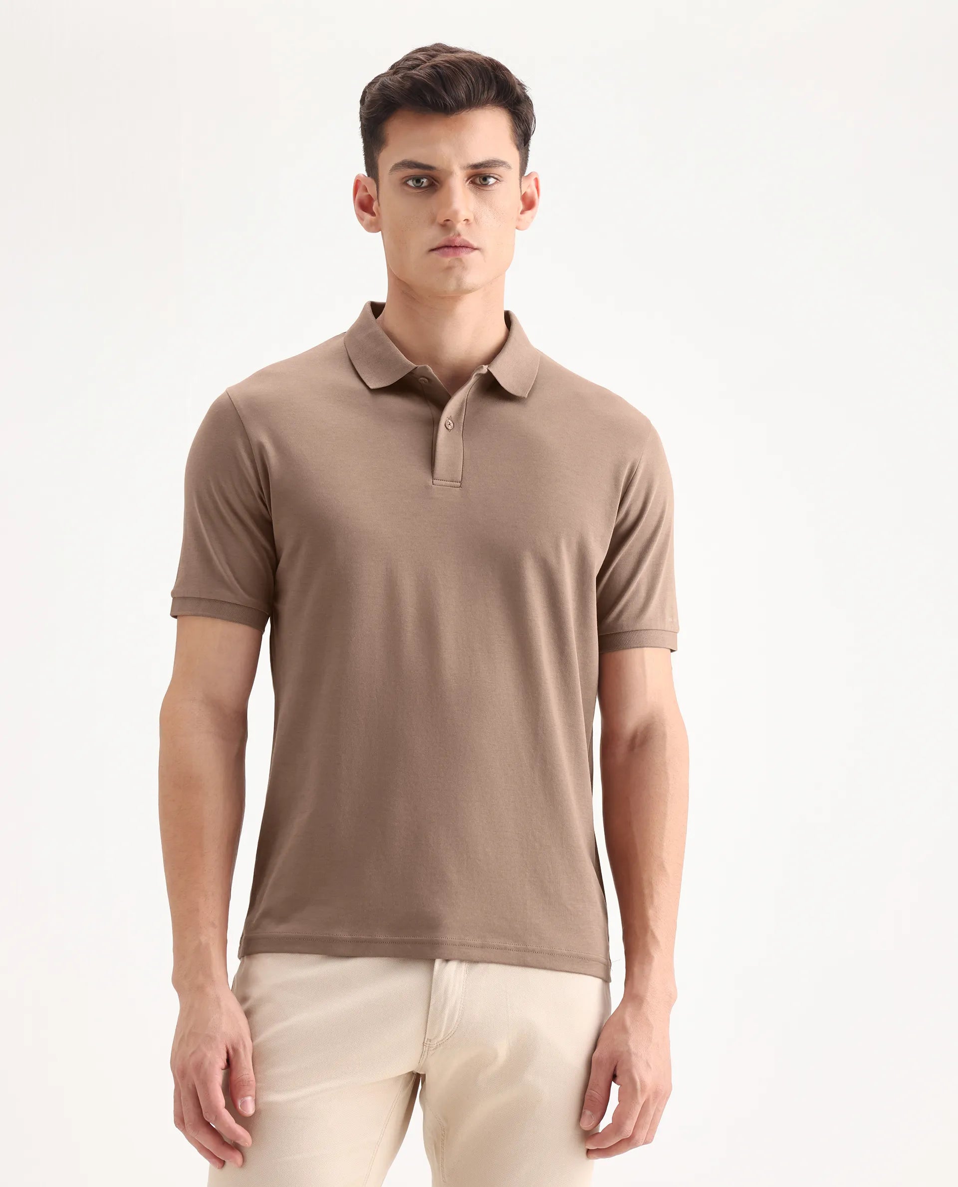 Rare Rabbit Men's Row Dusky Brown Cotton Plain Regular Fit Half Sleeve Polo