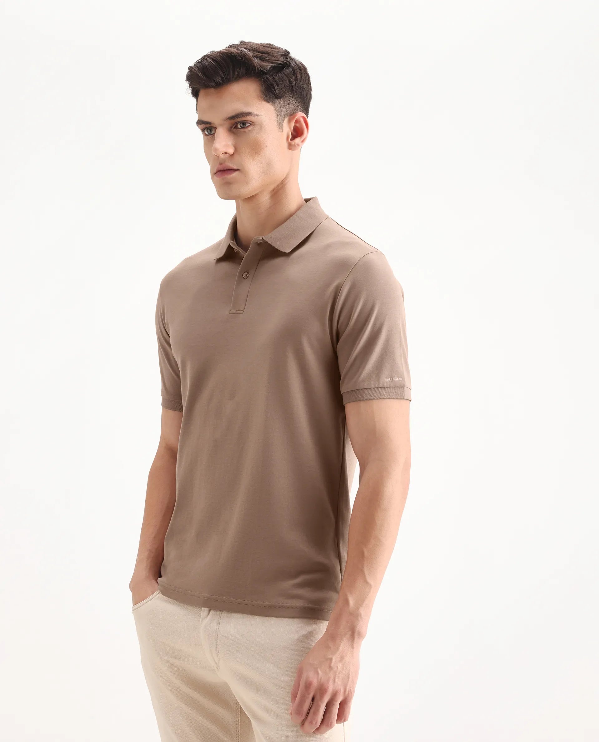 Rare Rabbit Men's Row Dusky Brown Cotton Plain Regular Fit Half Sleeve Polo