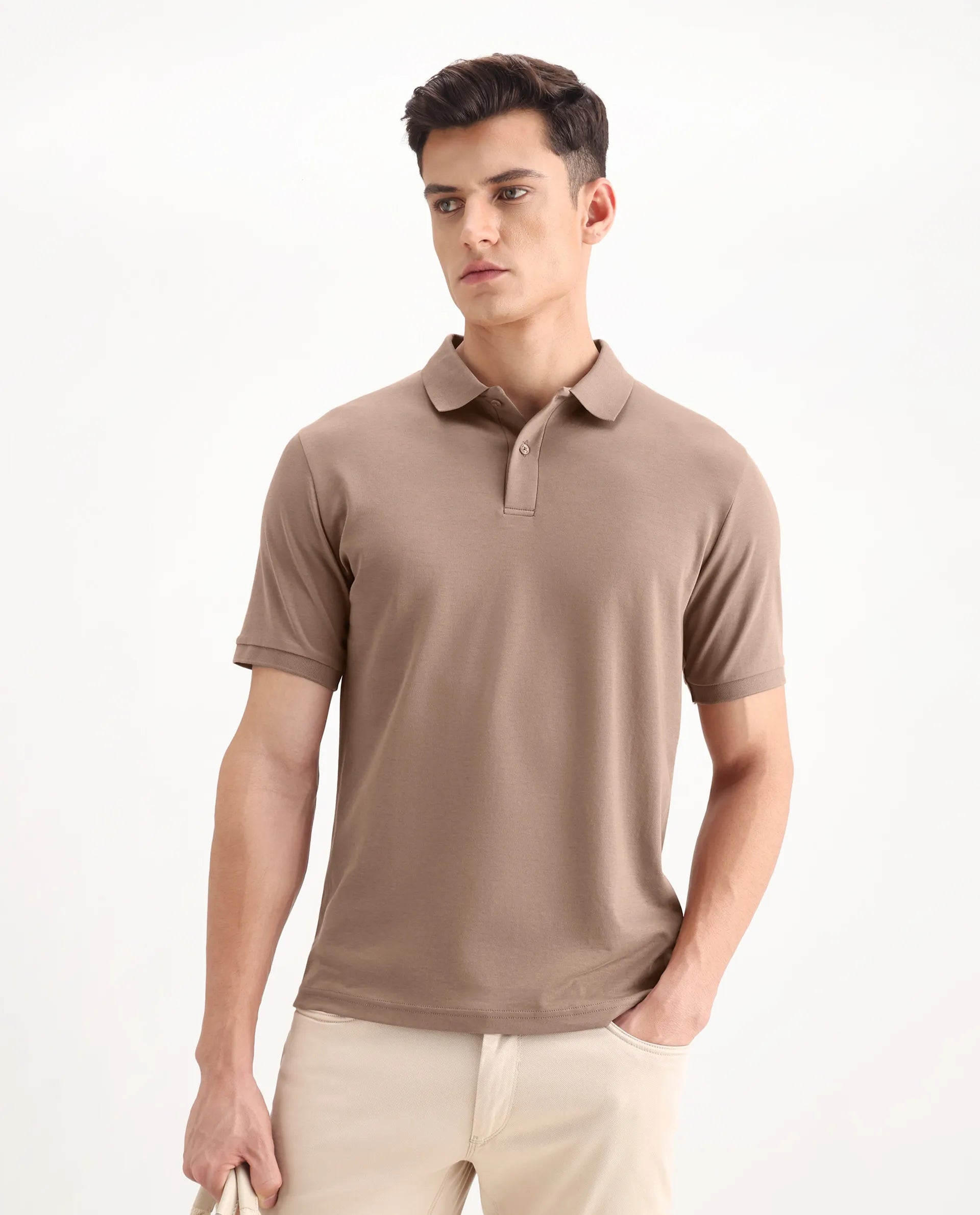 Rare Rabbit Men's Row Dusky Brown Cotton Plain Regular Fit Half Sleeve Polo