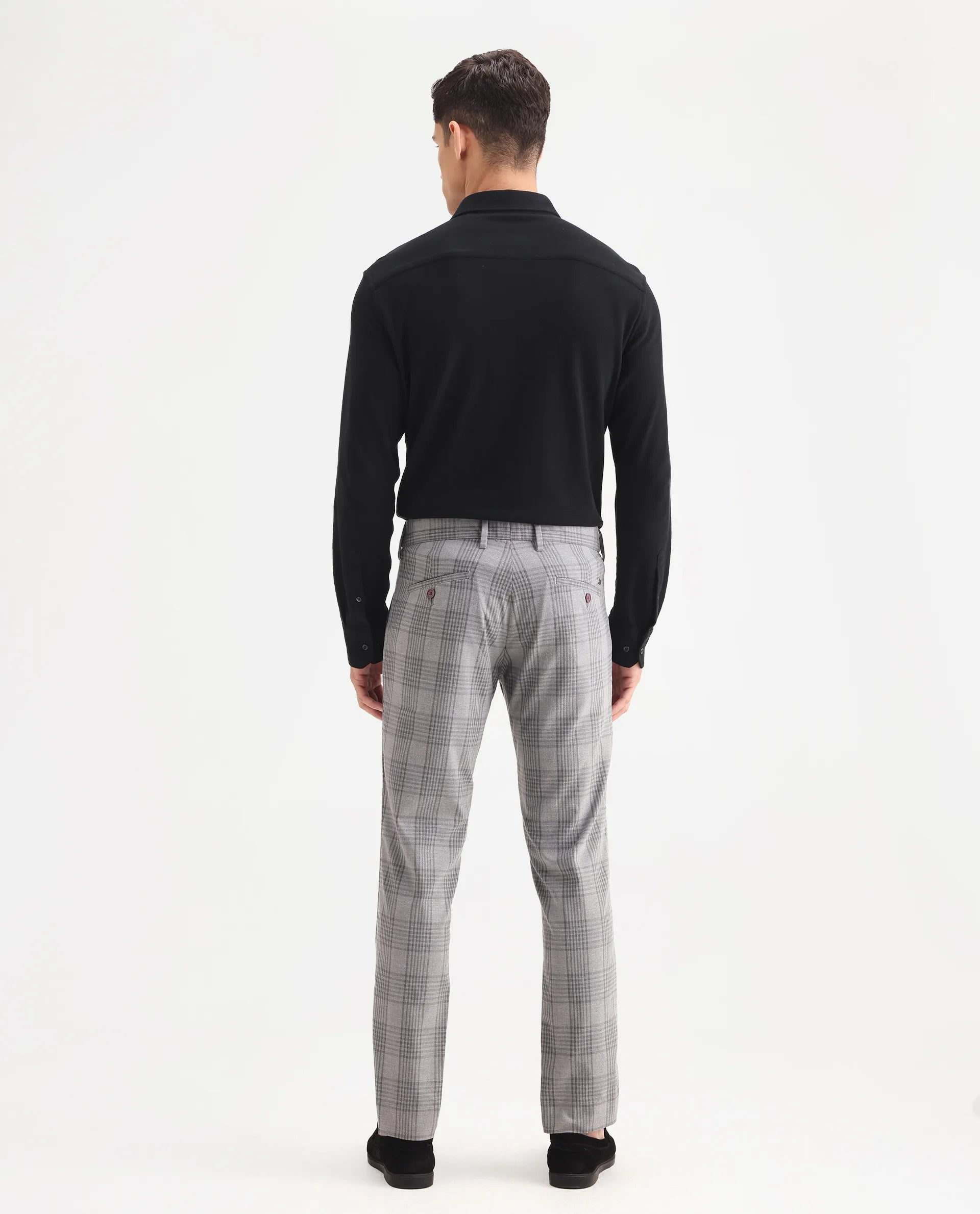 Rare Rabbit Men's Rowe Grey Polyester Checked Print Regular Fit Trouser