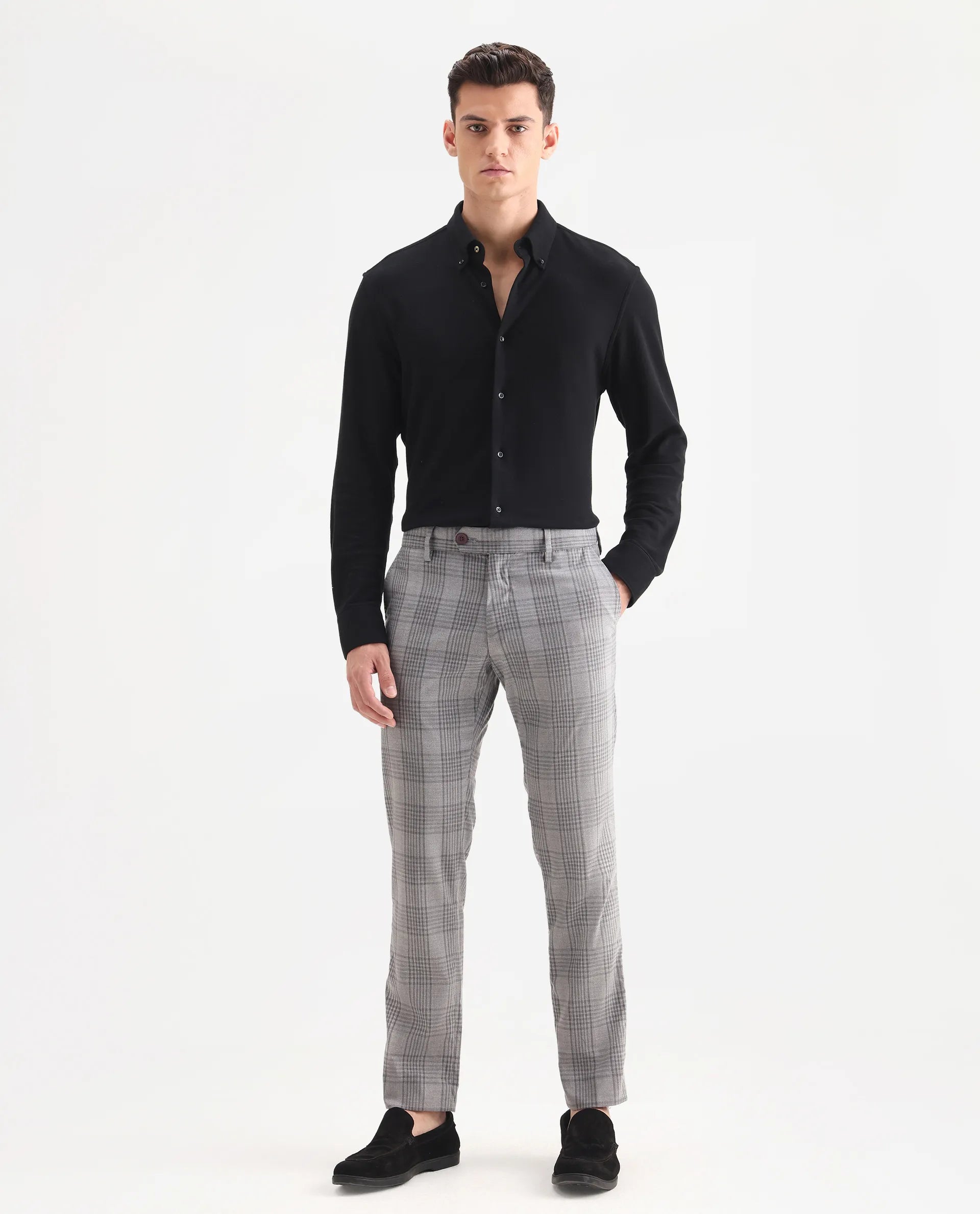 Rare Rabbit Men's Rowe Grey Polyester Checked Print Regular Fit Trouser