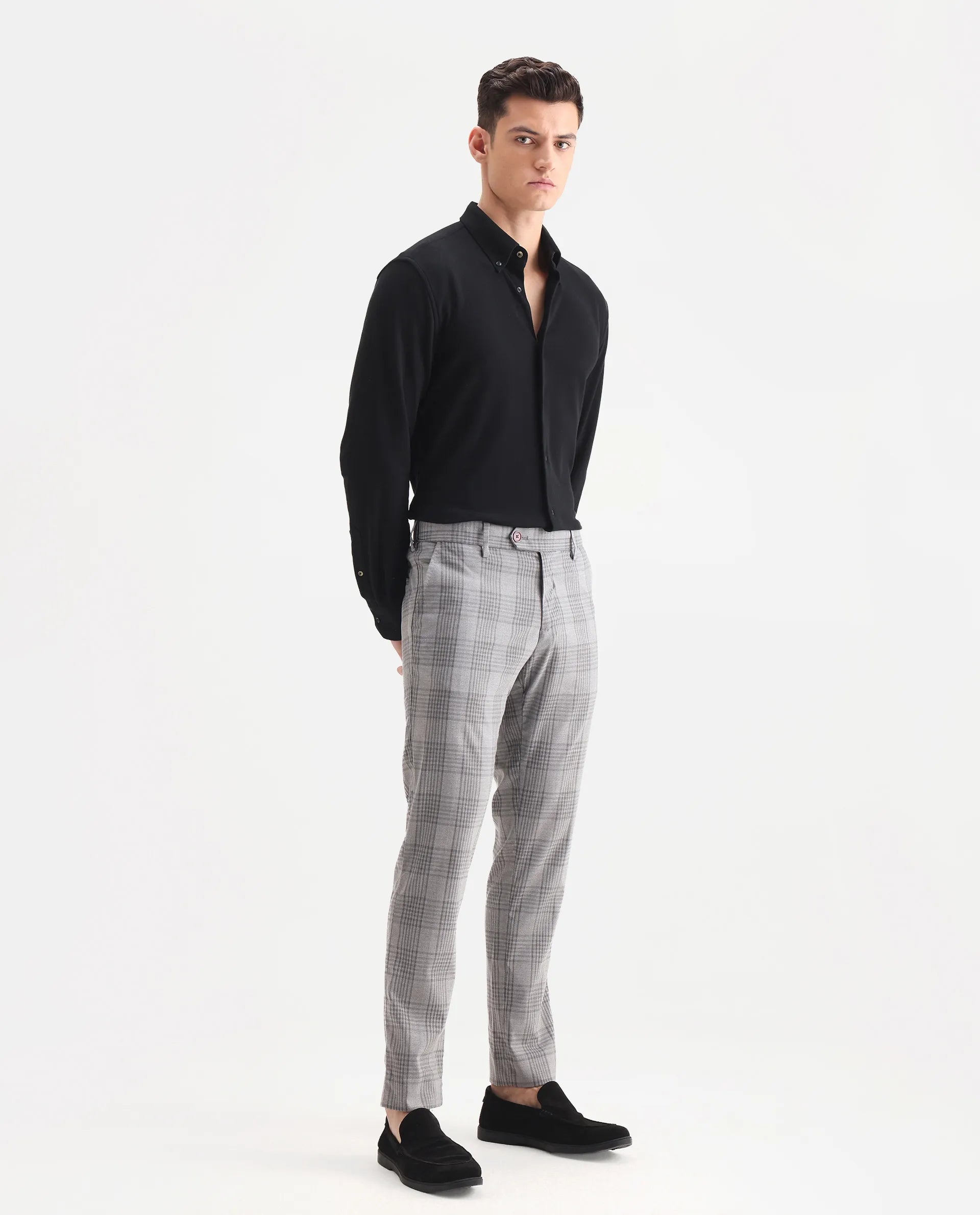 Rare Rabbit Men's Rowe Grey Polyester Checked Print Regular Fit Trouser