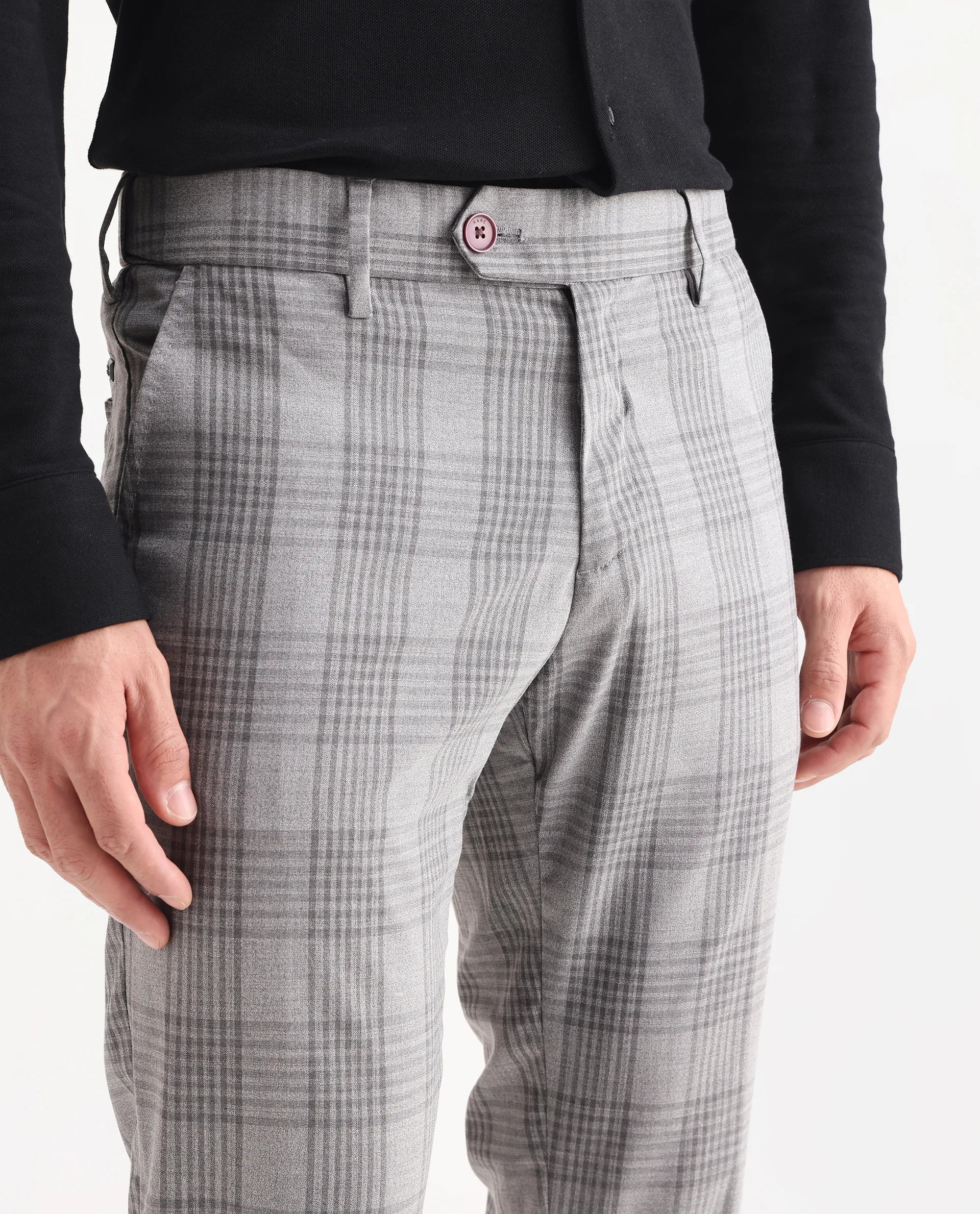 Rare Rabbit Men's Rowe Grey Polyester Checked Print Regular Fit Trouser