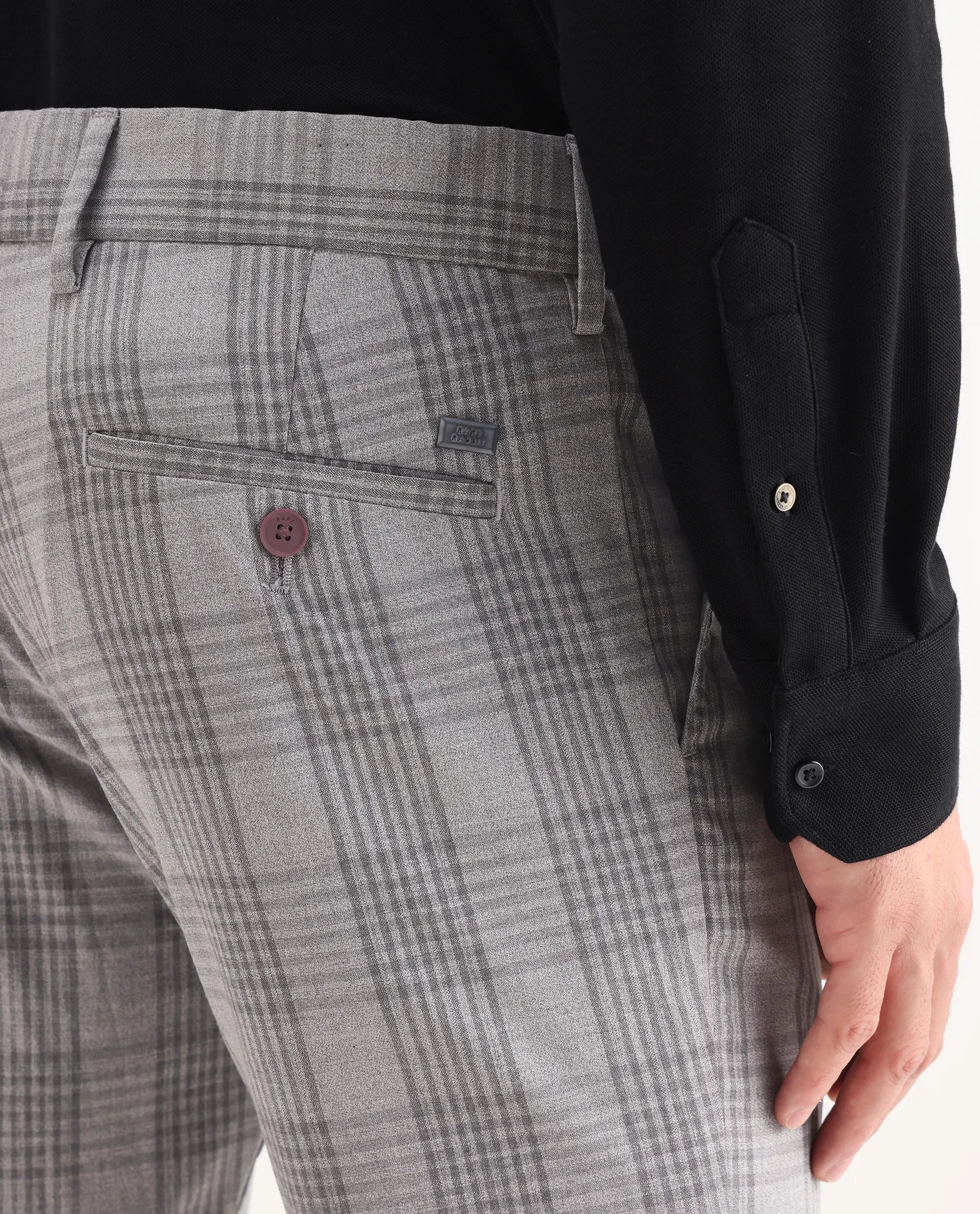 Rare Rabbit Men's Rowe Grey Polyester Checked Print Regular Fit Trouser