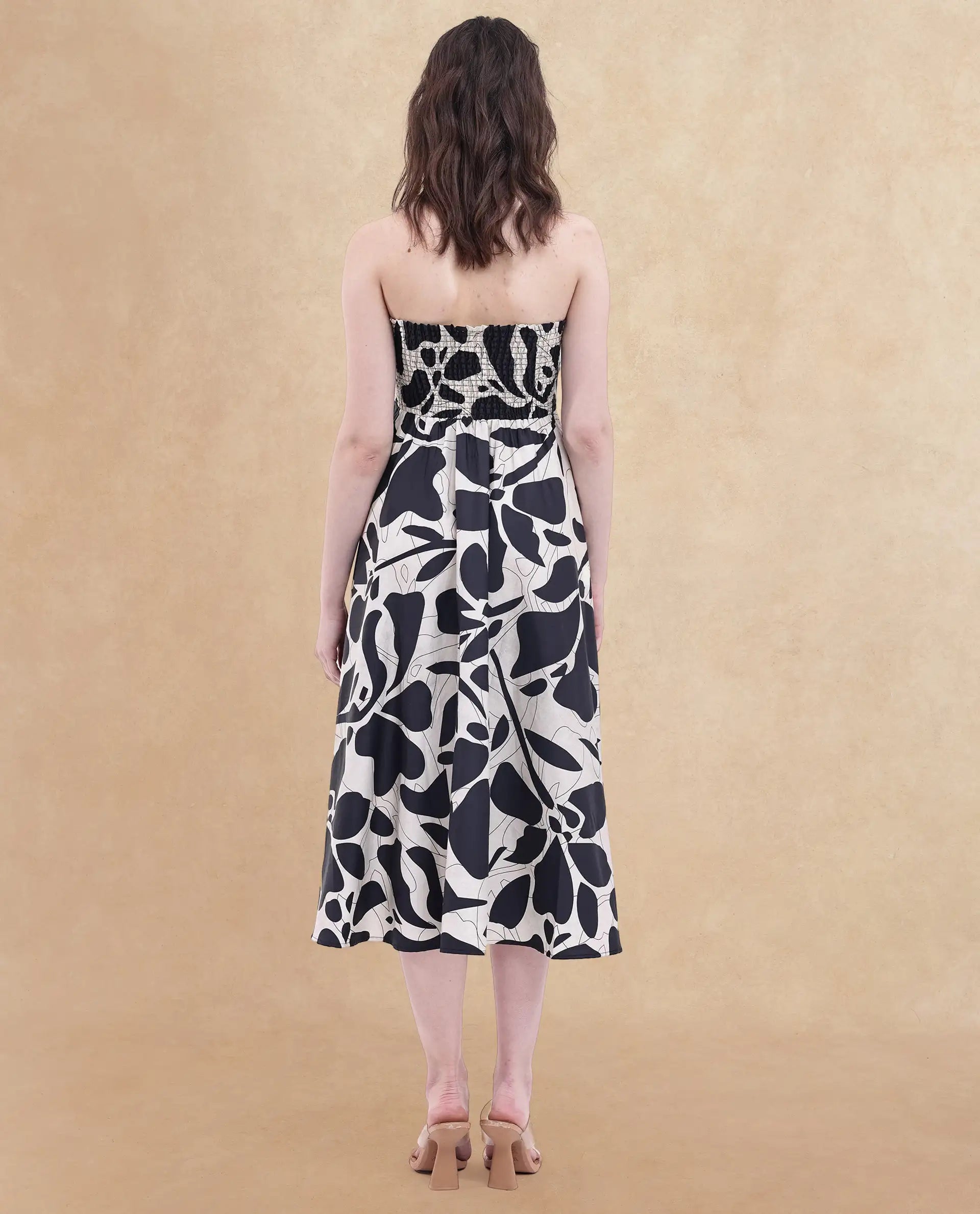 Rareism Women's Rowera Black Cotton Shoulder Strap Abstract Print Sleeveless Midi Fit And Flare Dress