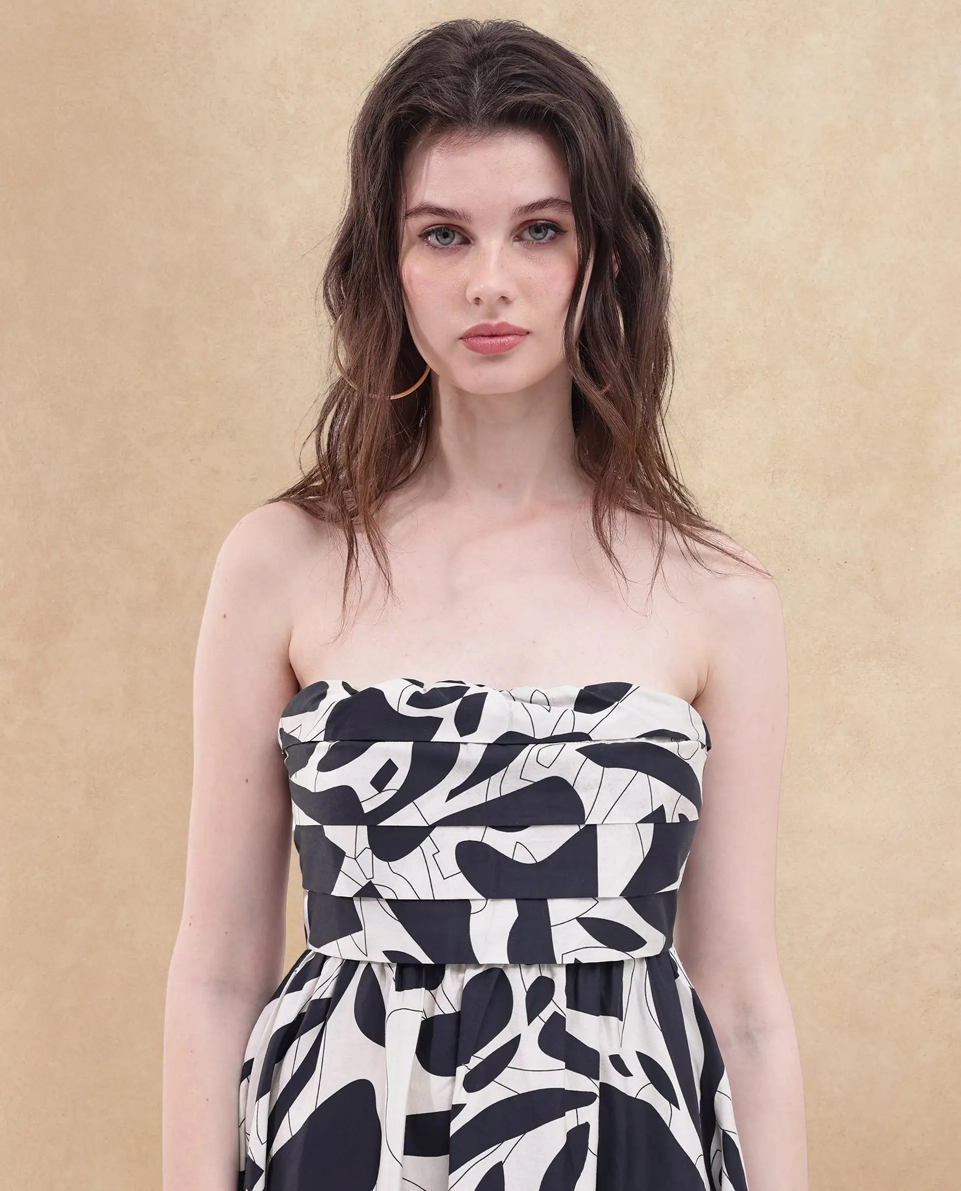 Rareism Women's Rowera Black Cotton Shoulder Strap Abstract Print Sleeveless Midi Fit And Flare Dress