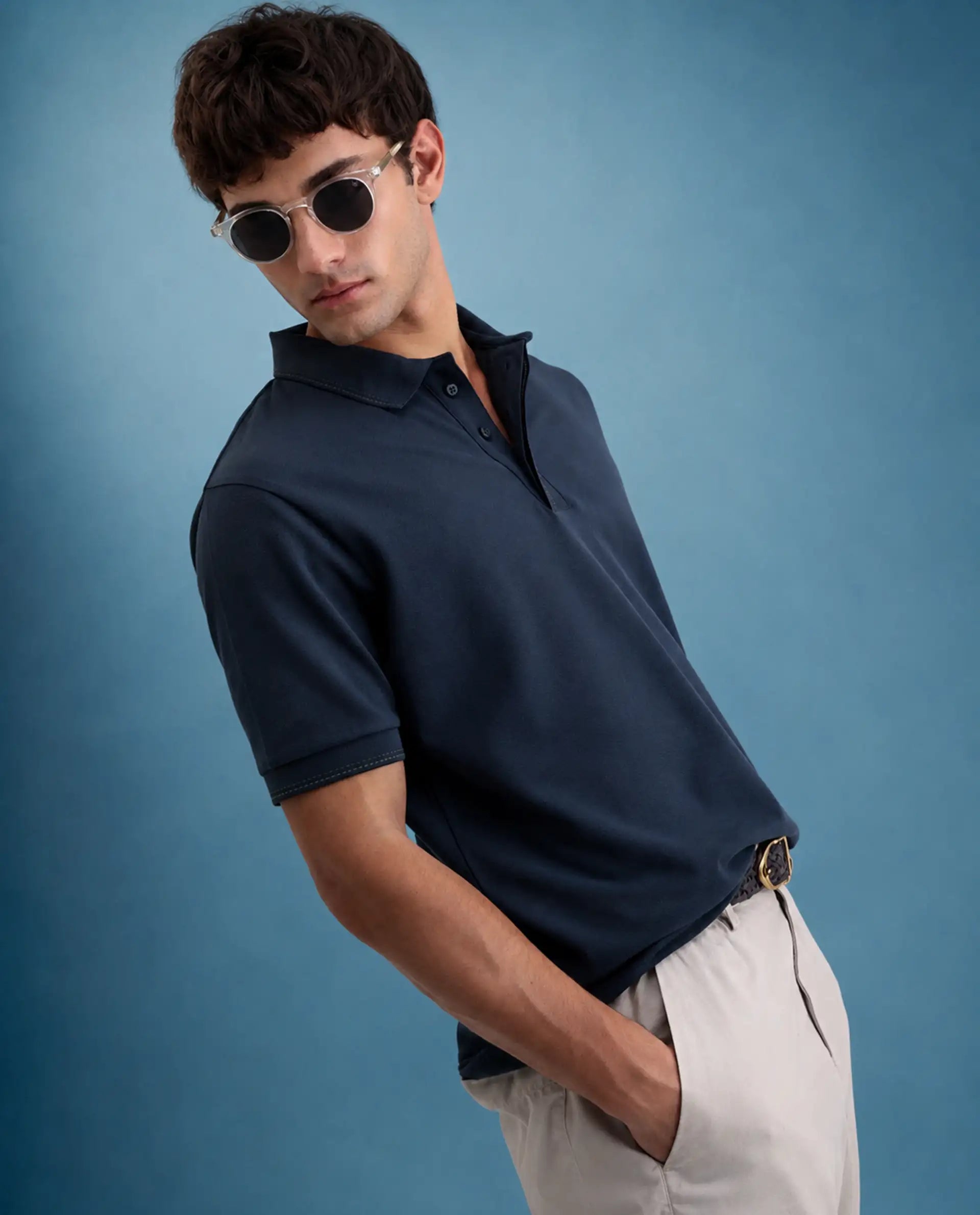 Rare Rabbit Men's Rowl-S26 Navy Cotton Blend Fabric Half Sleeve Spread Collar Regular Fit Plain Polo