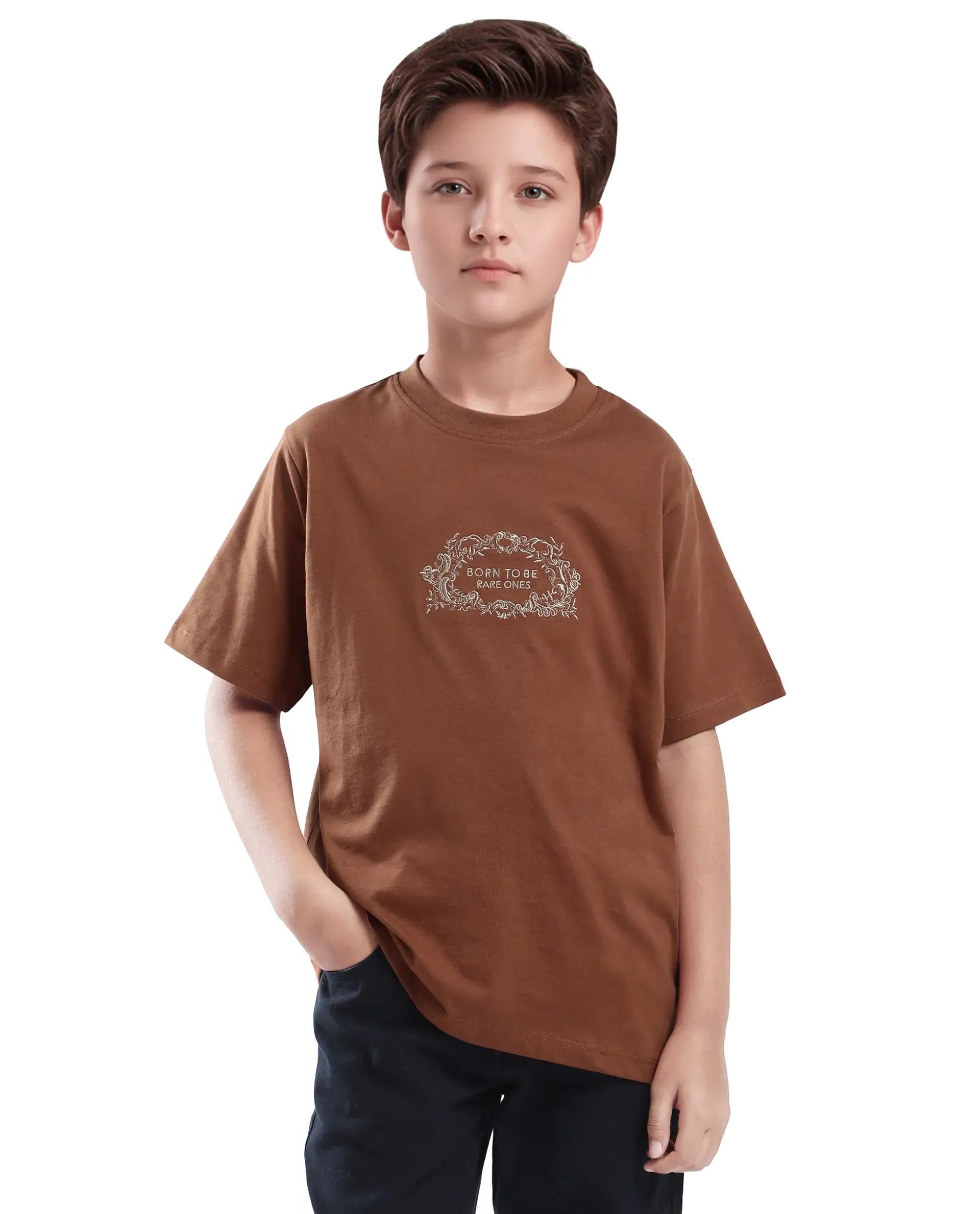 Rare Ones Kids Roxie Light Brown Cotton Half Sleeve Embroidered Slip-On Closure Regular Fit T-Shirt