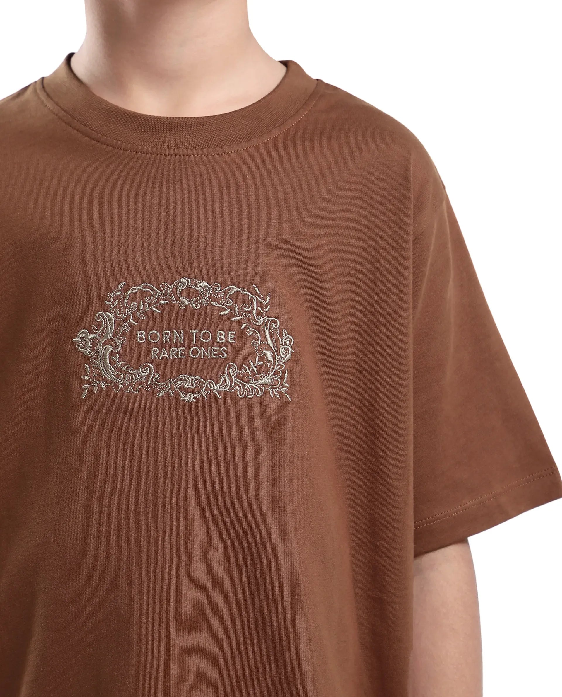 Rare Ones Kids Roxie Light Brown Cotton Half Sleeve Embroidered Slip-On Closure Regular Fit T-Shirt