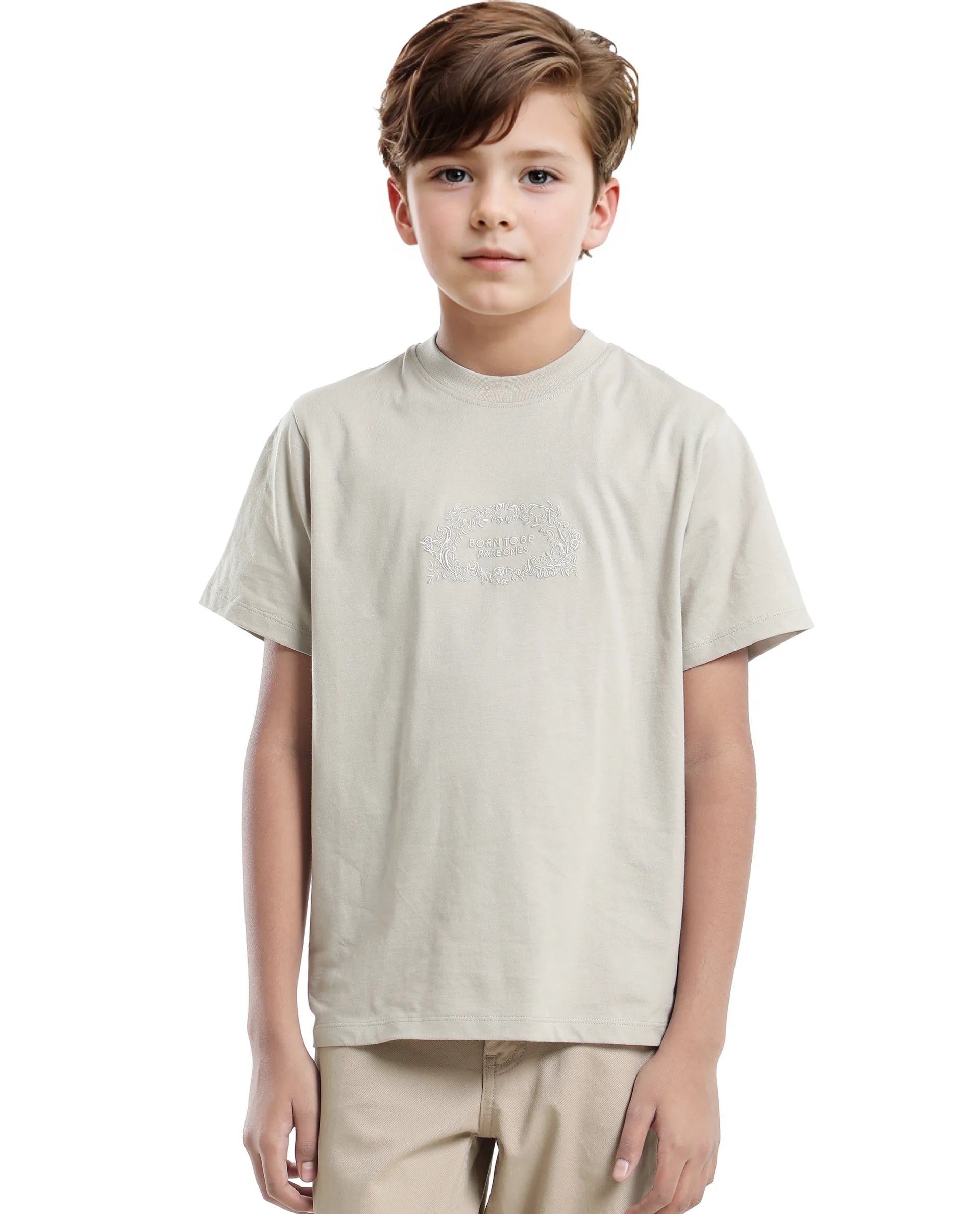 Rare Ones Kids Roxie Light Grey Cotton Half Sleeve Embroidered Slip-On Closure Regular Fit T-Shirt