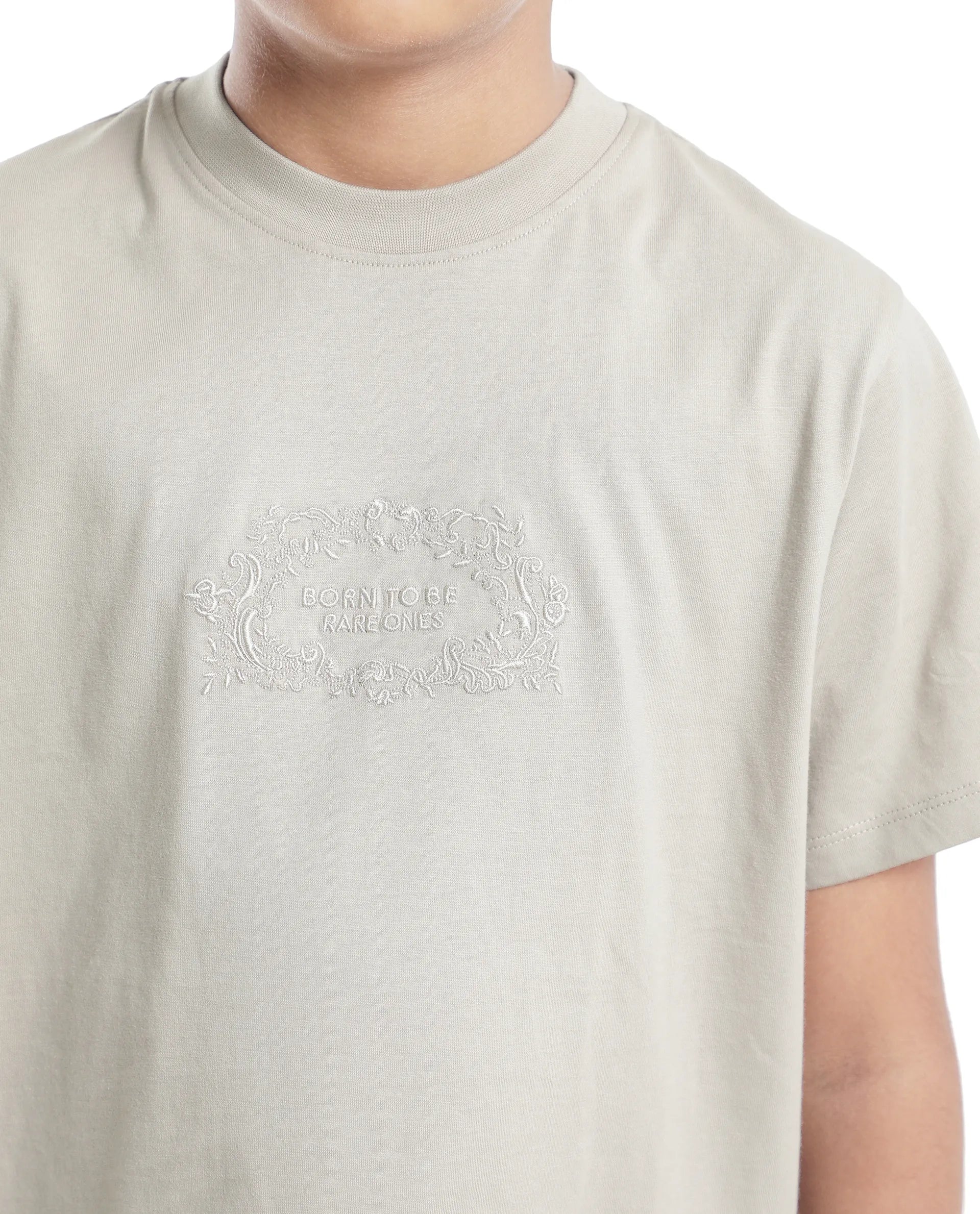 Rare Ones Kids Roxie Light Grey Cotton Half Sleeve Embroidered Slip-On Closure Regular Fit T-Shirt
