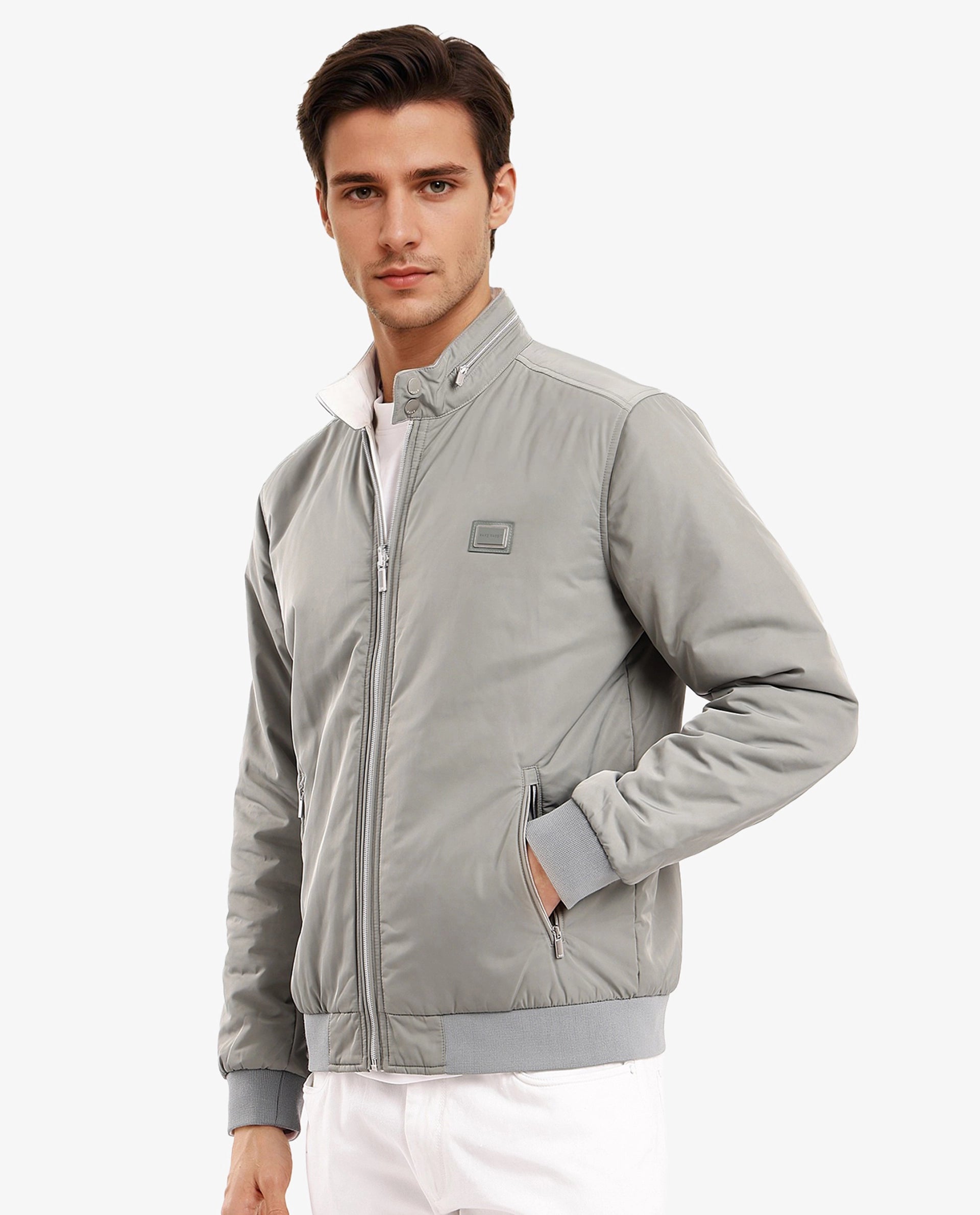 Rare Rabbit Men Royban-2 Green Polyester Fabric Full Sleeve High Neck Zipper Closure Plain Reversible Jacket