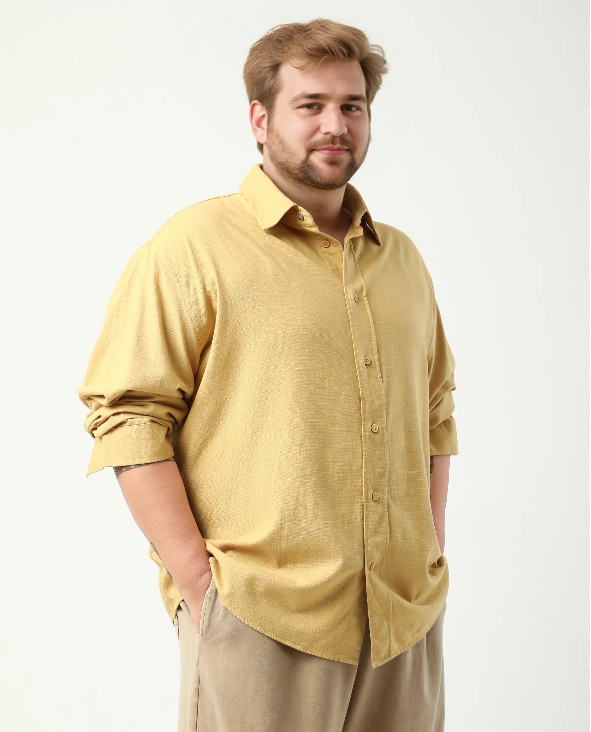 Rare Rabbit Men's Royo Big Mustard Cotton Blend Fabric Full Sleeve Spread Collar Button Closure Regular Fit Textured Shirt