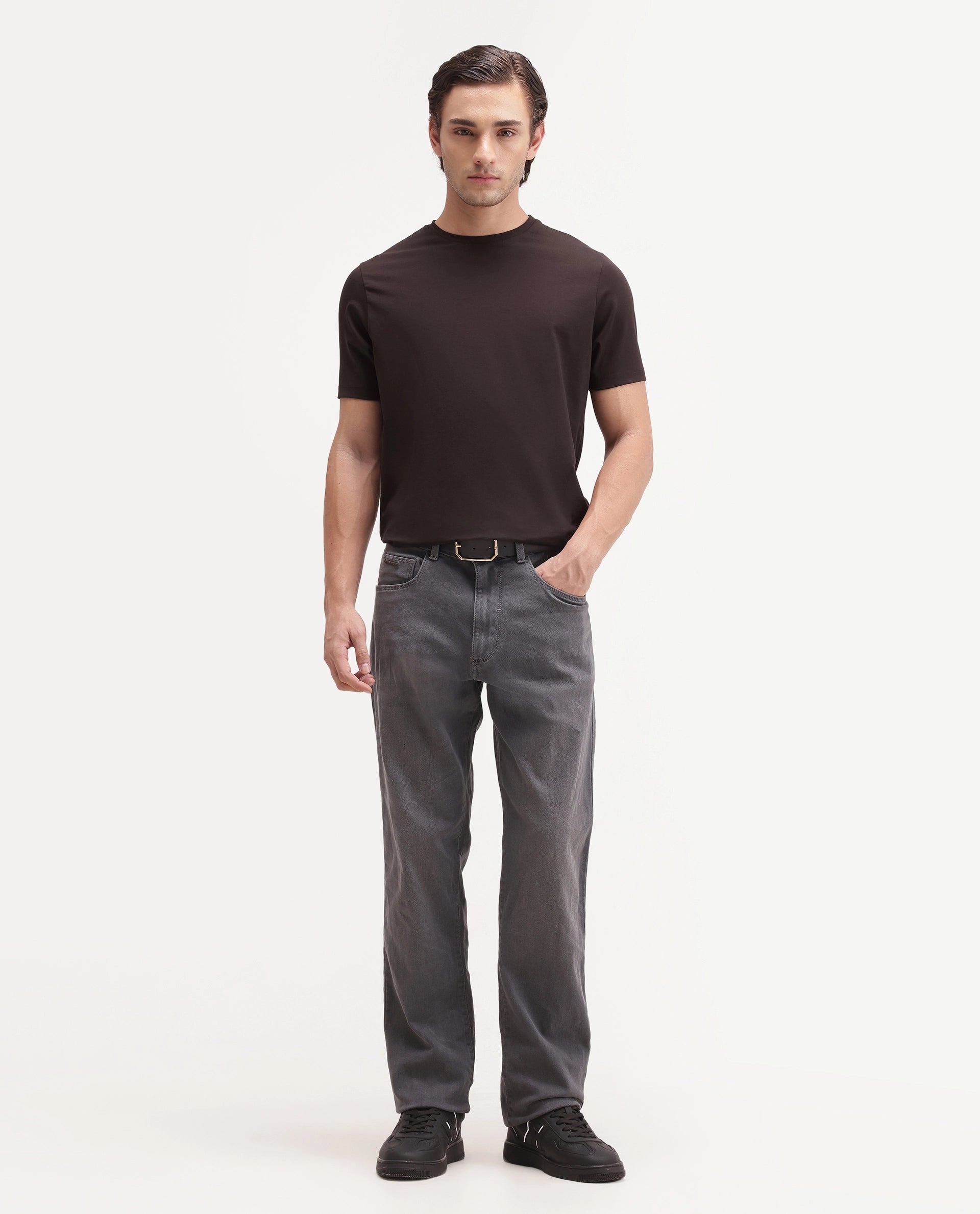 Rare Rabbit Men's Basic Rr-Corp-Arve Dark Brown Cotton Crew Neck Regular Plain T-Shirt
