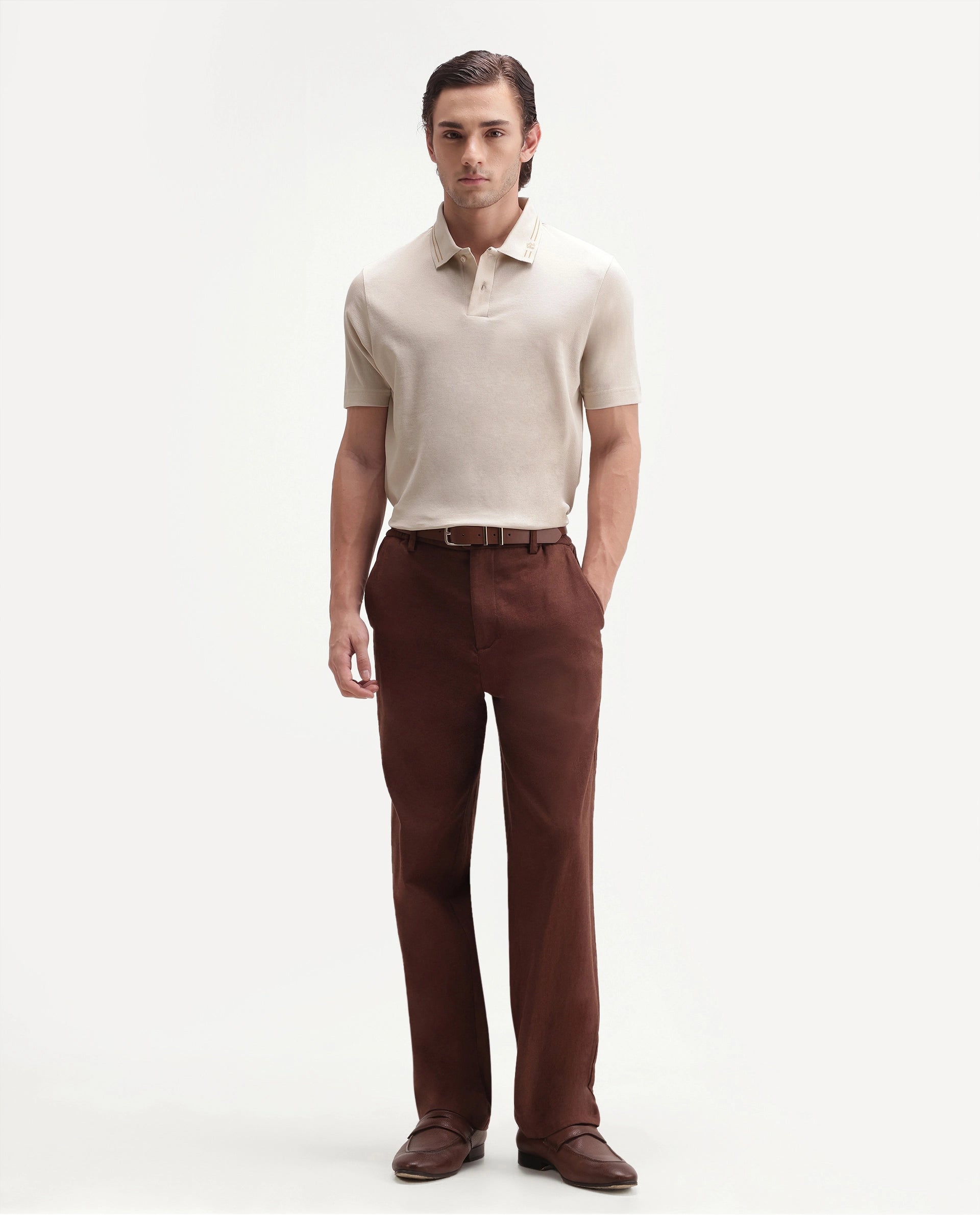Rare Rabbit Men's Basic Rr-Corp-Gold Beige Cotton Spread Collar Regular Plain Polo