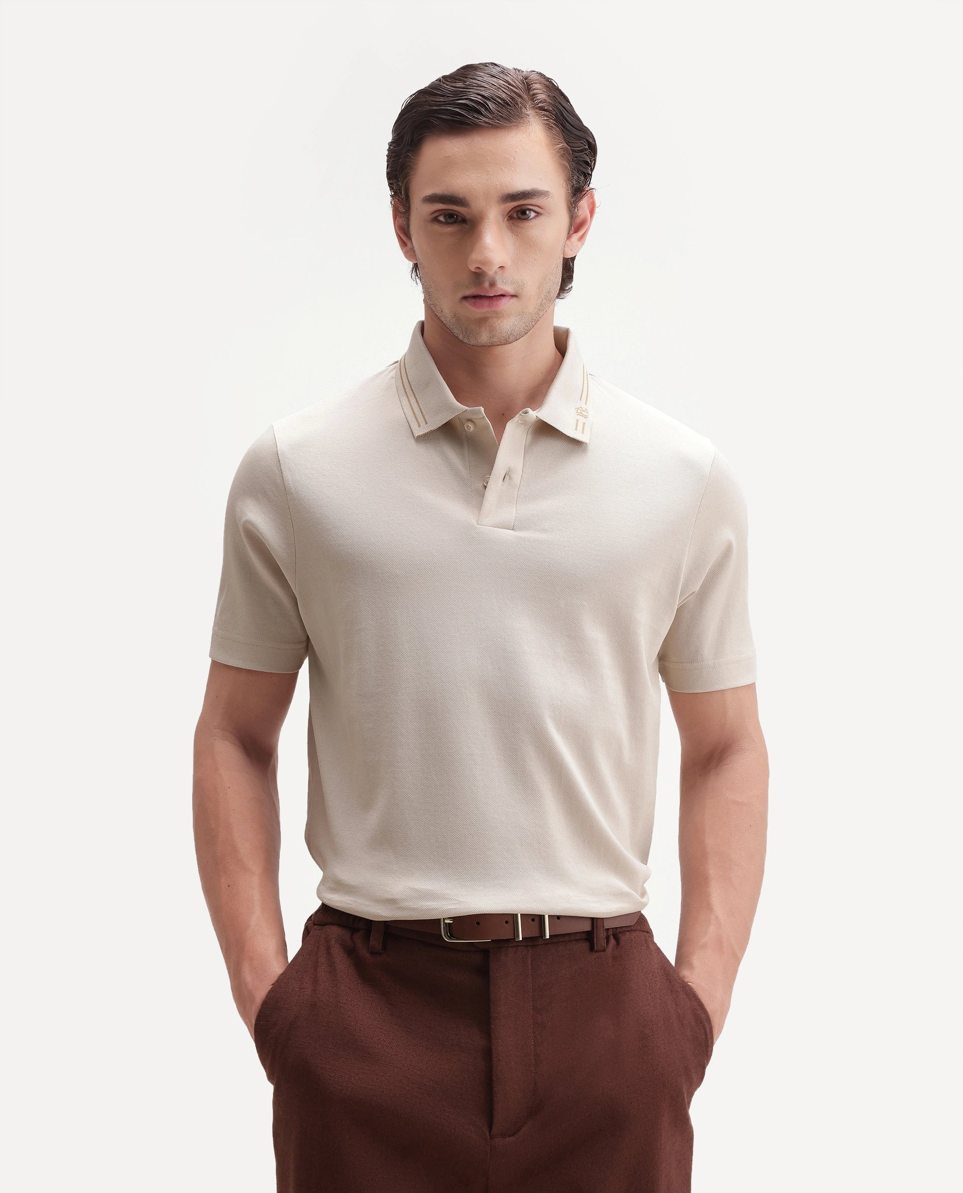 Rare Rabbit Men's Basic Rr-Corp-Gold Beige Cotton Spread Collar Regular Plain Polo