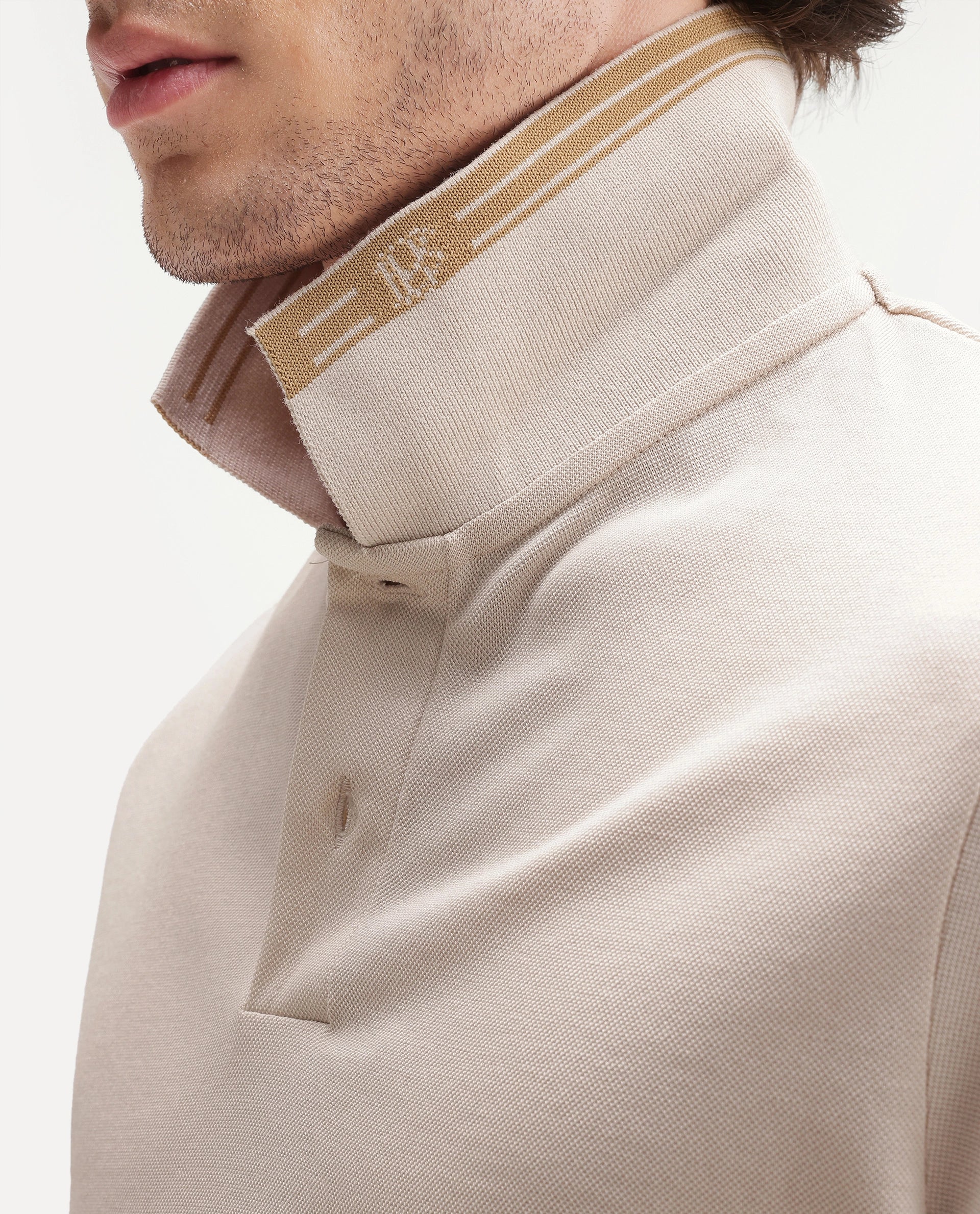 Rare Rabbit Men's Basic Rr-Corp-Gold Beige Cotton Spread Collar Regular Plain Polo