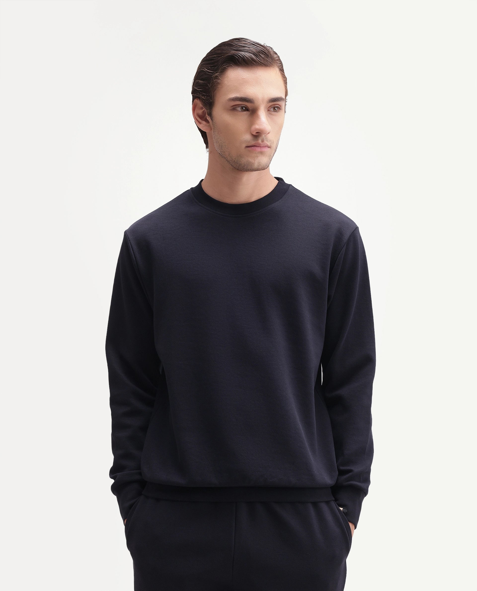 Rare Rabbit Men's Basic Rr-Corp-Harry-S Navy Cotton Blend Crew Neck Regular Plain Sweatshirt