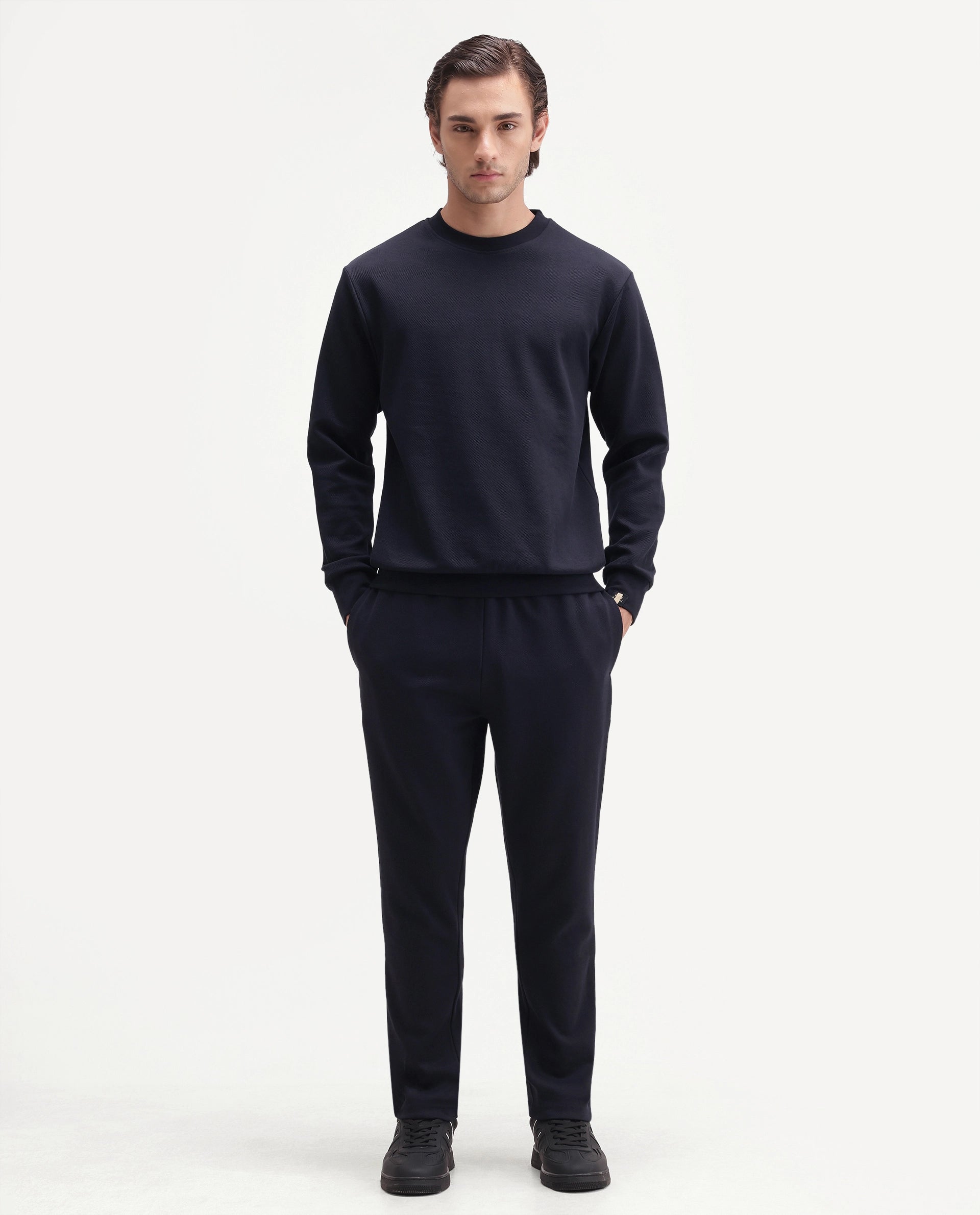 Rare Rabbit Men's Rr-Corp-Harry-T Navy Cotton Blend Regular Plain Track Pant