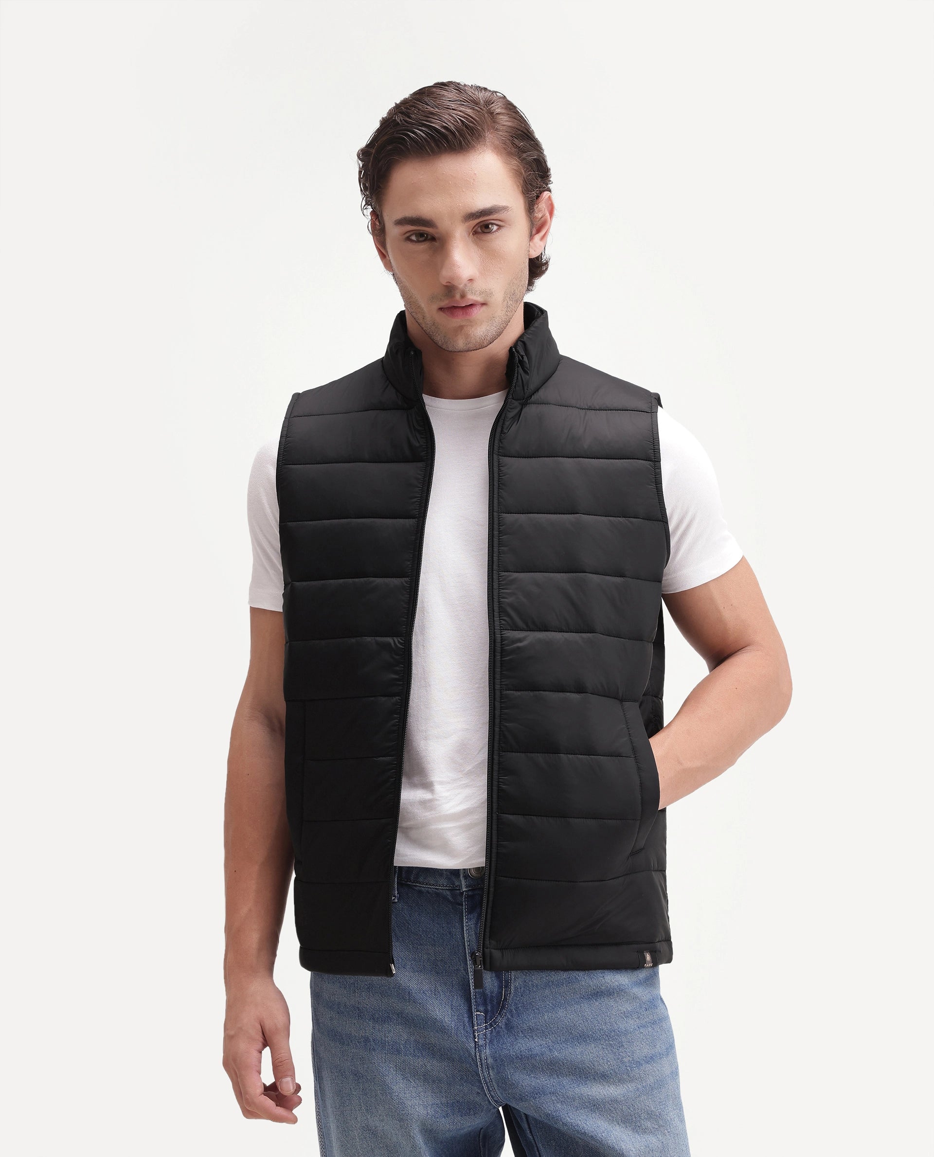 Rare Rabbit Men's Basic Corp Statement Sleeveless Jacket Black Cotton Regular Plain Jacket