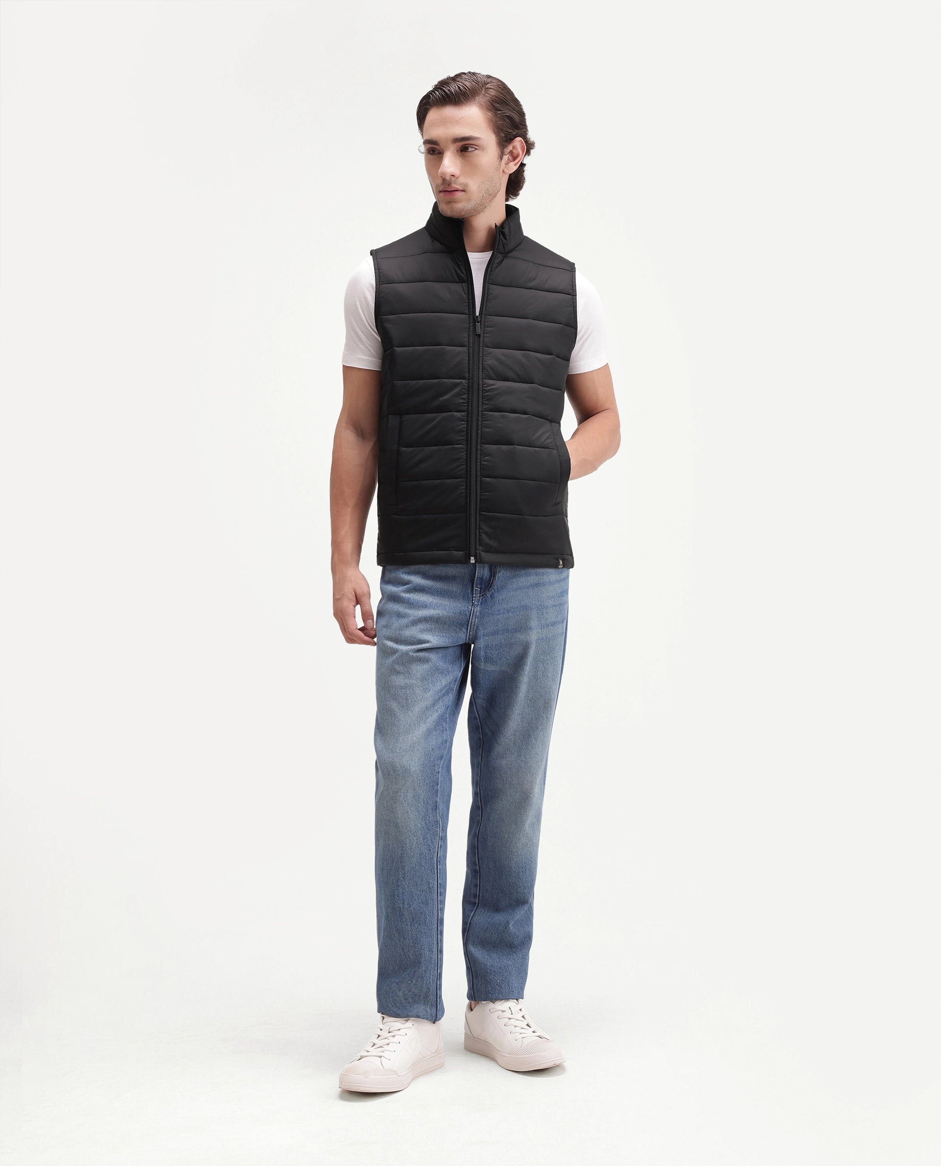 Rare Rabbit Men's Basic Corp Statement Sleeveless Jacket Black Cotton Regular Plain Jacket